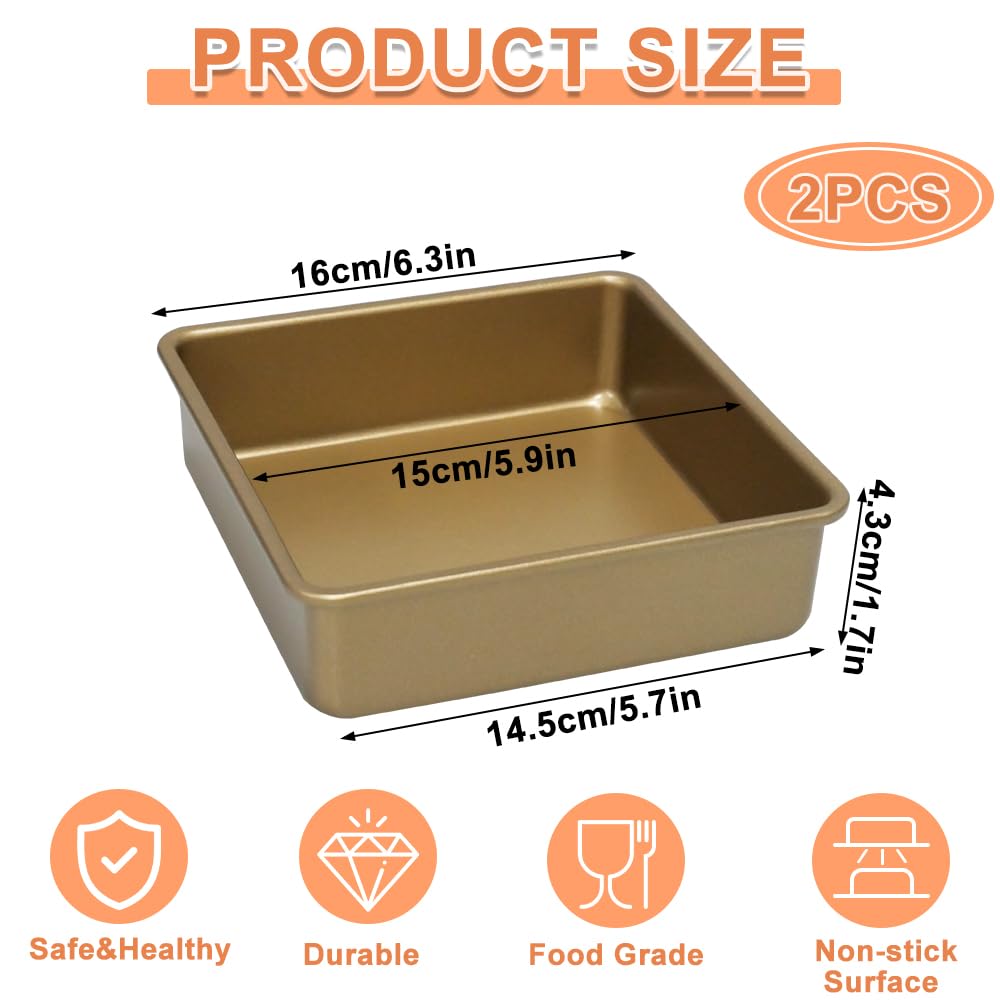 Set di 2 Teglie da Forno Quadrate Oro Quadrata Profonda Teglia da Forno Acciaio al Carbonio 15×15×4.5 cm Teglia quadrata con fondo removibile,Quadrata,per lasagna/torta/toast