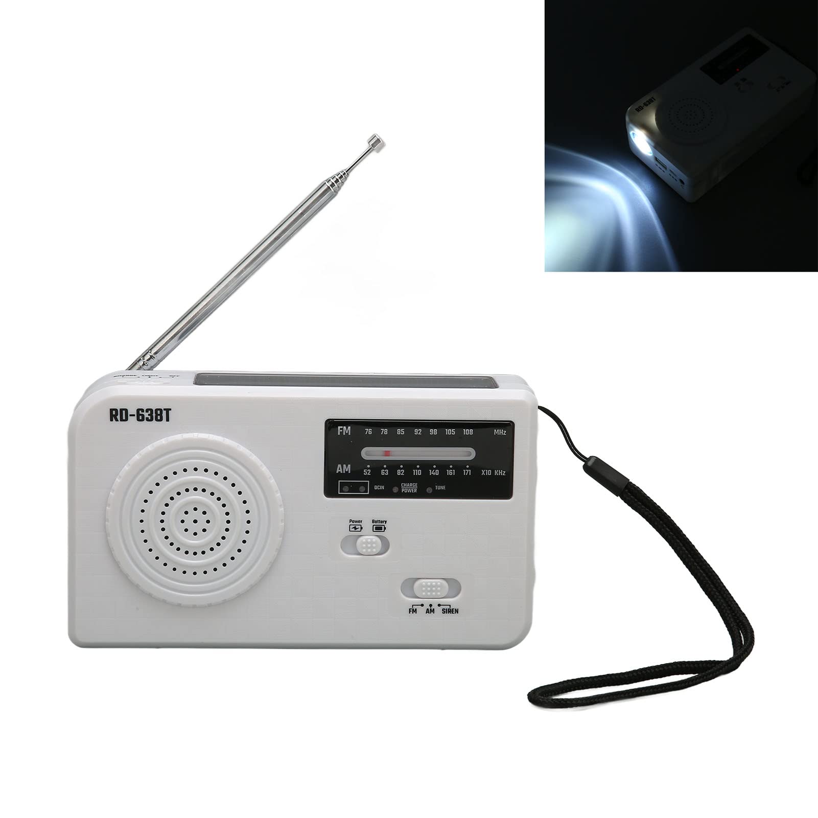 Radio di emergenza a manovella, radio FM AM portatile a energia solare con torcia LED SOS allarme, batteria ricaricabile, telefono cellulare, emergenza interna ed esterna (bianco)