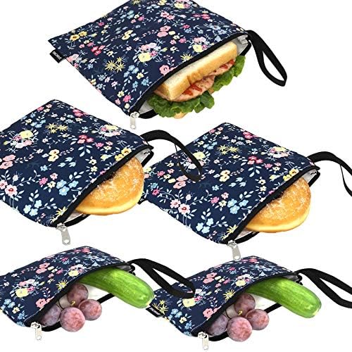 Reusable Sandwich Bags Washable - Cloth Reusable Snack Bags Dishwasher Safe Lunch Bags Food Pouch with Zipper, Set of 5 pcs (Flower)