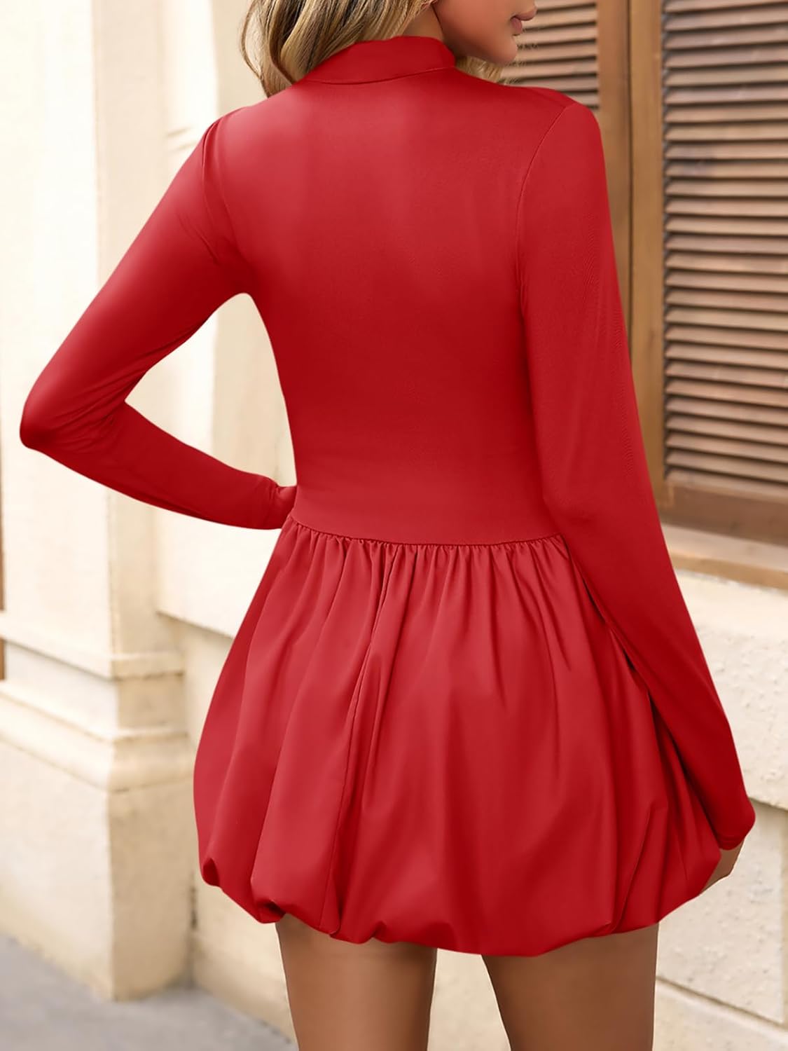 Wenrine Women Long Sleeve Bubble Mini Dress Bodycon Mock Neck Casual 2025 Cocktail Club Party Dresses - Image 4