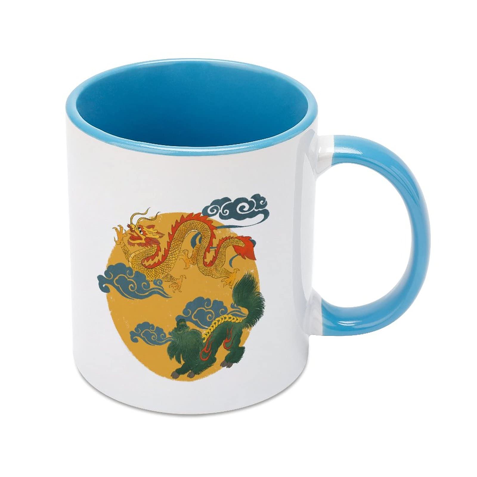 Funny 330ml Ceramic Tea Coffee Cup Mug with Colorful Inside and Handle Custommake Mythology Dragon Lion Art Abstract for Fami