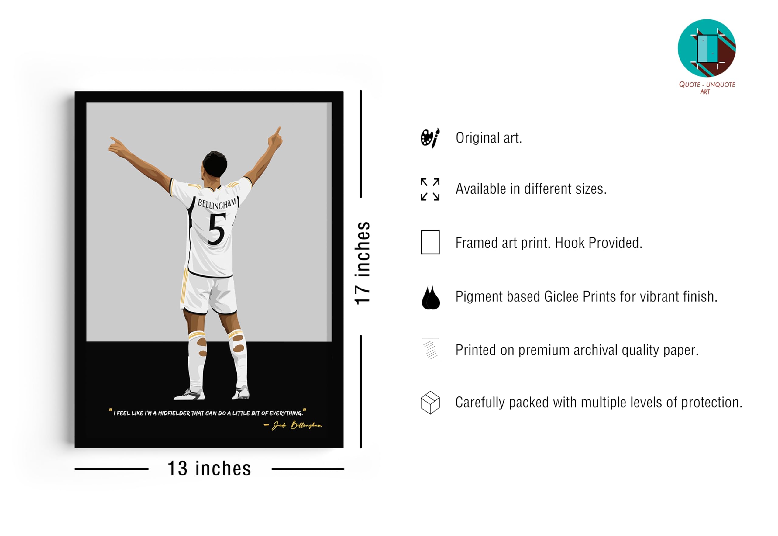 QUOTE - UNQUOTE ART Jude Bellingham Poster - Framed Real Madrid Wall Art - 13x17 inches - Black Frame