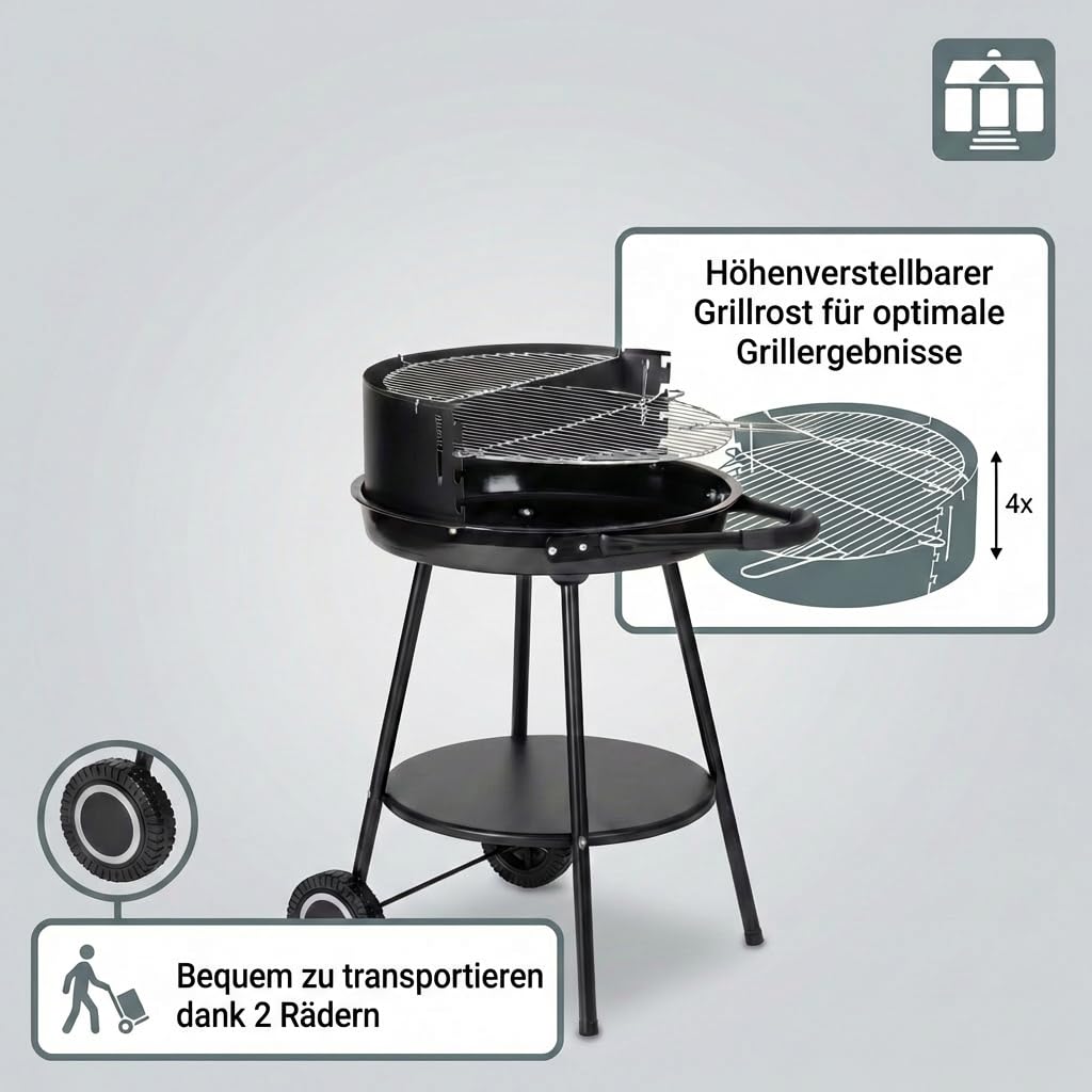Tarrington House Holzkohlegrill Deluxe, Stahl, Tragbarer, rund, hohenverstellbarer Grillrost Ø 48 cm, mit Rädern, schwarz