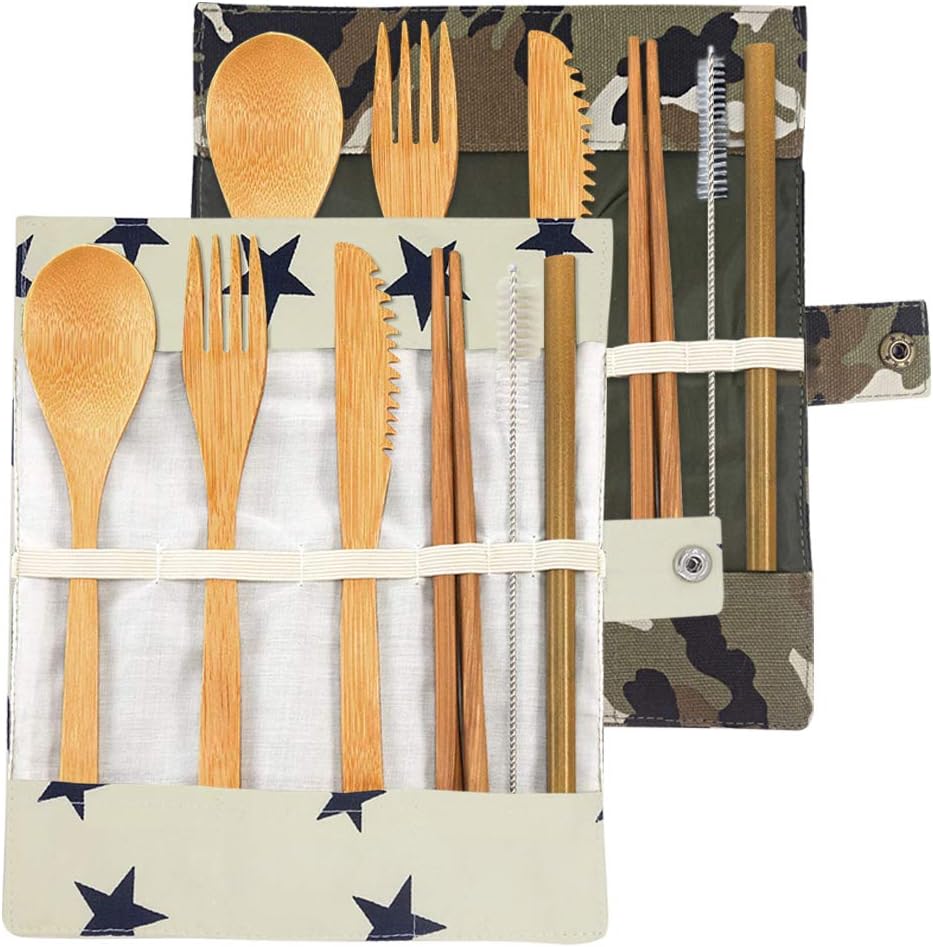 Bamboo Cutlery Set, ANKKY 2 Set Bamboo Travel Utensils Include Reusable Bamboo Knife Fork Spoon Chopsticks Straws Cleaner