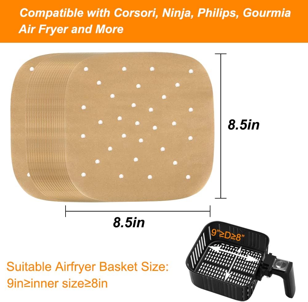 Air Fryer Parchment Paper, Set of 200, 8.5 Inch Unbleached Perforated Square Air Fryer Liner Sheets for Airfryer, Steaming Basket and More(7.5/8.5/9.5in Available) Air Fryer Parchment Paper, Set of 200, 8.5 Inch Unbleached Perforated Square Air Fryer Liner Sheets for Airfryer, Steaming Basket and More(7.5/8.5/9.5in Available)