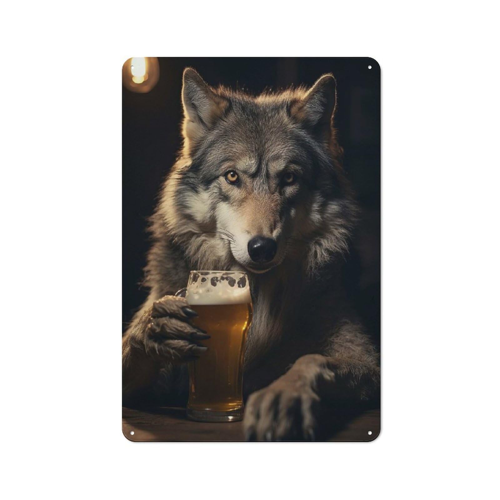 Junmoney Wolf Drinking Beer Pint Rustic Tin Wall Plaque 30X20cm Featuring For Pub Or Café, A Decorative Christmas Gift For Café Interior Fans