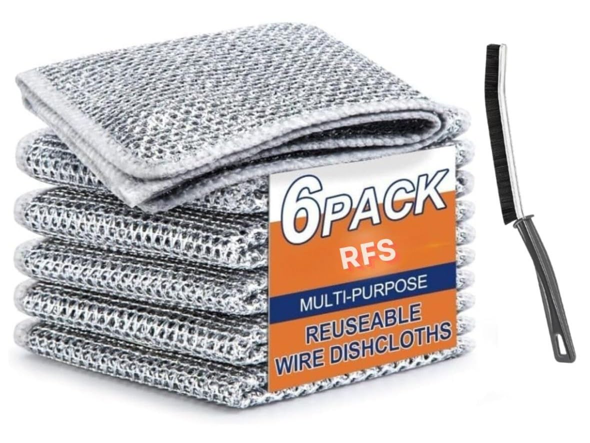 RFS Non-Scratch Wire Dishcloth & Gaps Cleaning Brush, Multipurpose Wire Dishwashing Rags for Wet and Dry, Easy Rinsing, Reusable, Wire Cleaning Cloth for Kitchen, Sinks, Pots, Pans (6)