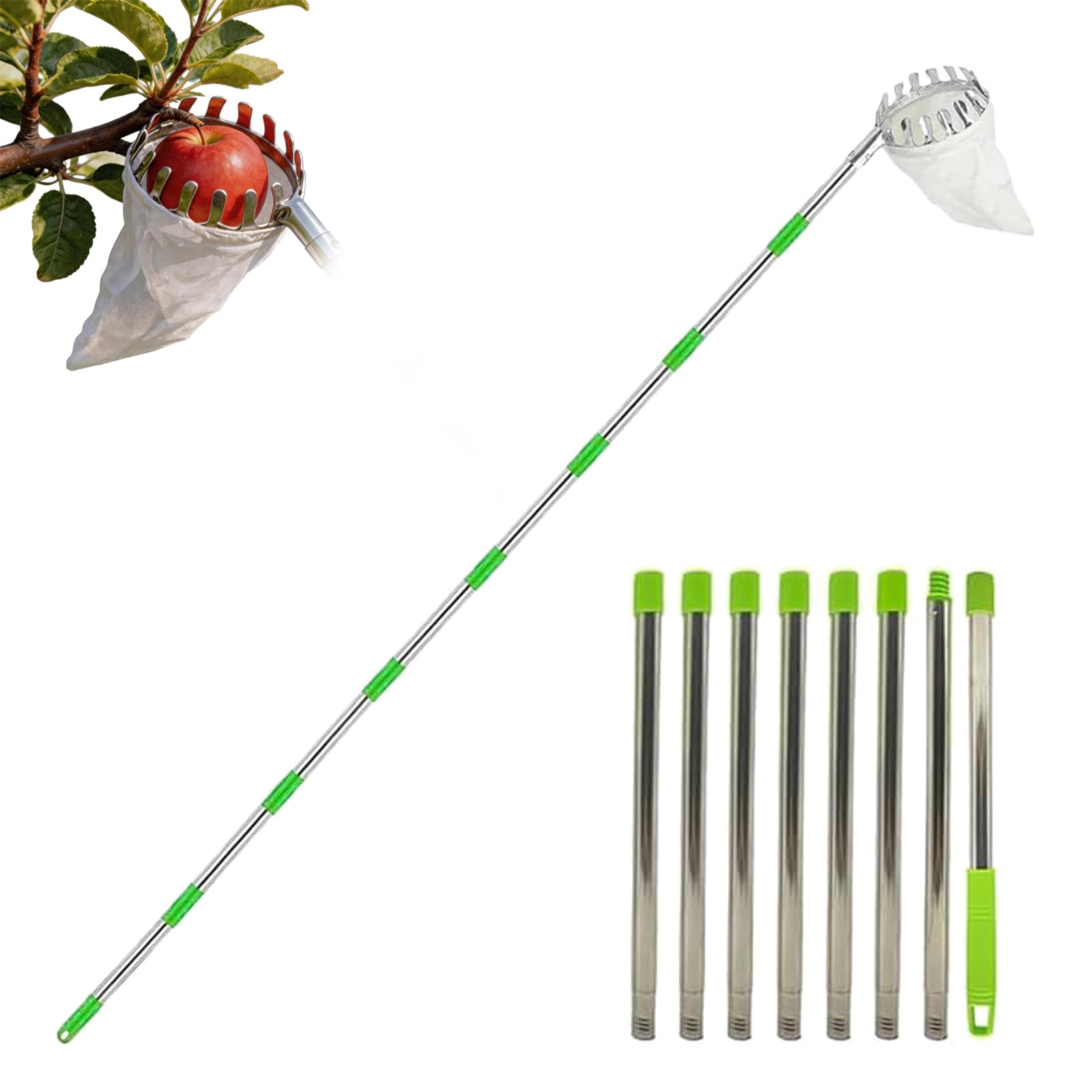 Recogedor de Frutas Telescópico 3.2 m Diámetro 16 cm, Recoge Frutas de Acero Inoxidable con Bolsa de Tela, Recolector para Manzanas Cítricos Cerezas Peras, Herramienta para Árboles Frutales