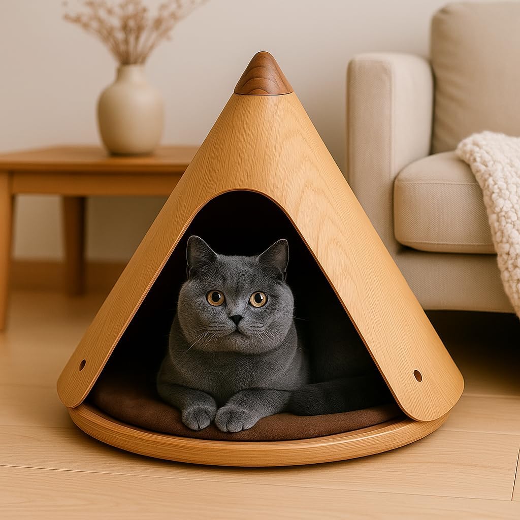 Modern Wooden cat House, conical pet Bed with Cushion, Suitable for Smaller Cats, Natural White Oak