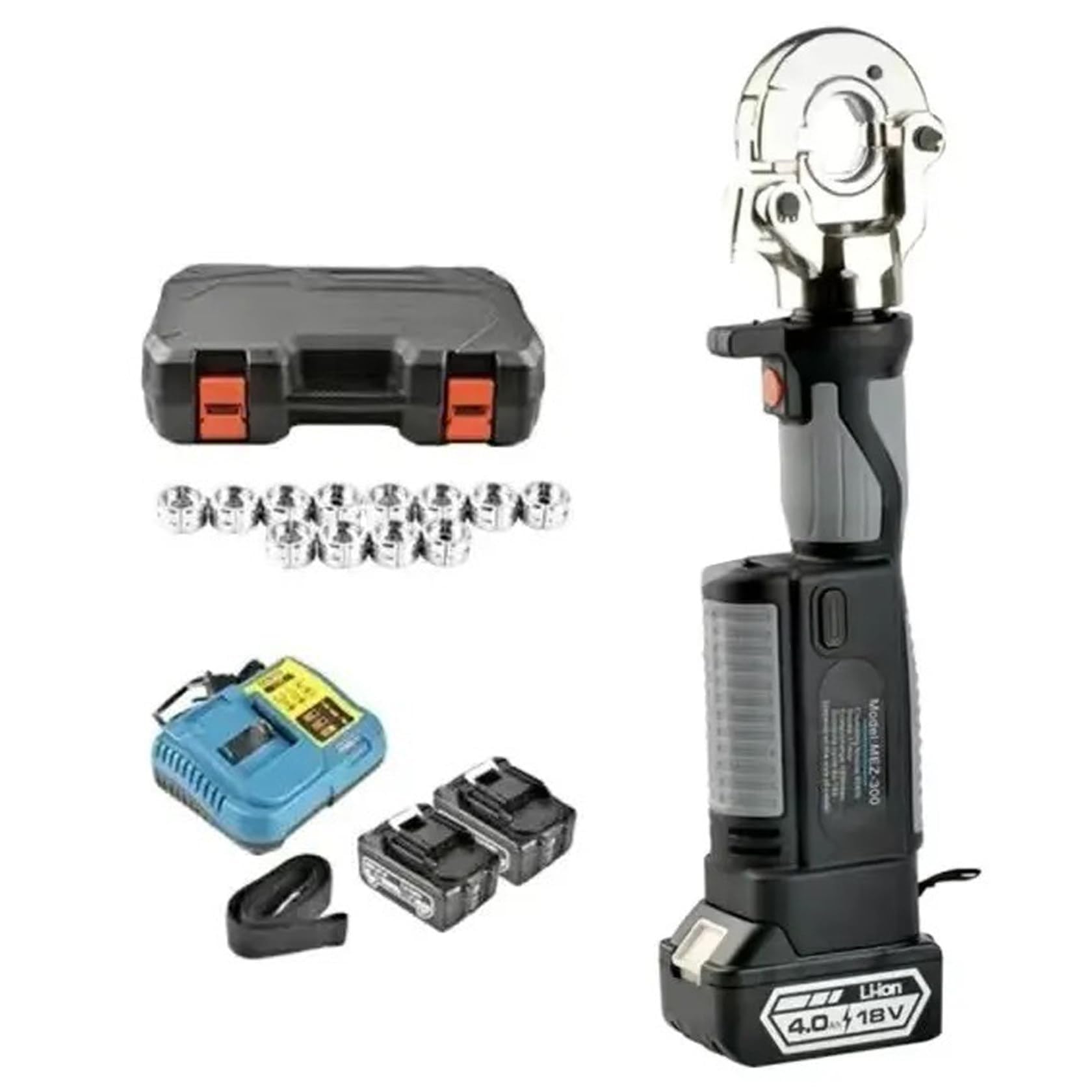 Crimpatrice idraulica elettrica con 12 matrici, pinza ricaricabile con manico dritto, display a LED, gamma di crimpatura 10-300 mm² per connessioni terminali in alluminio rame