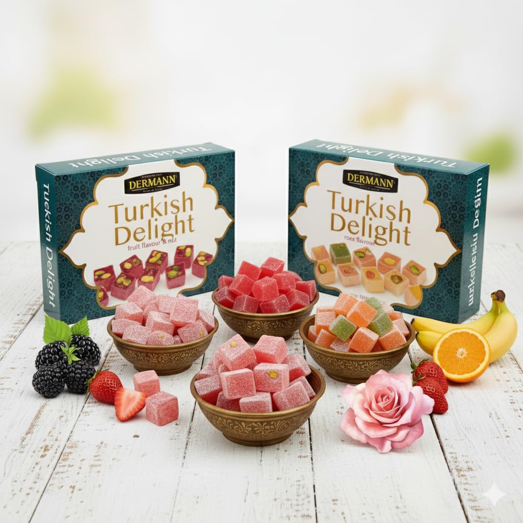 Delicias turcas 4x100g (Set de 4 Sabores: Rosa, Frutas, Frutos Secos y Granada) | Sin gluten | Confitería tradicional de lujo | Vegano, Halal, El Mejor Lokum Turco, Loukoumi
