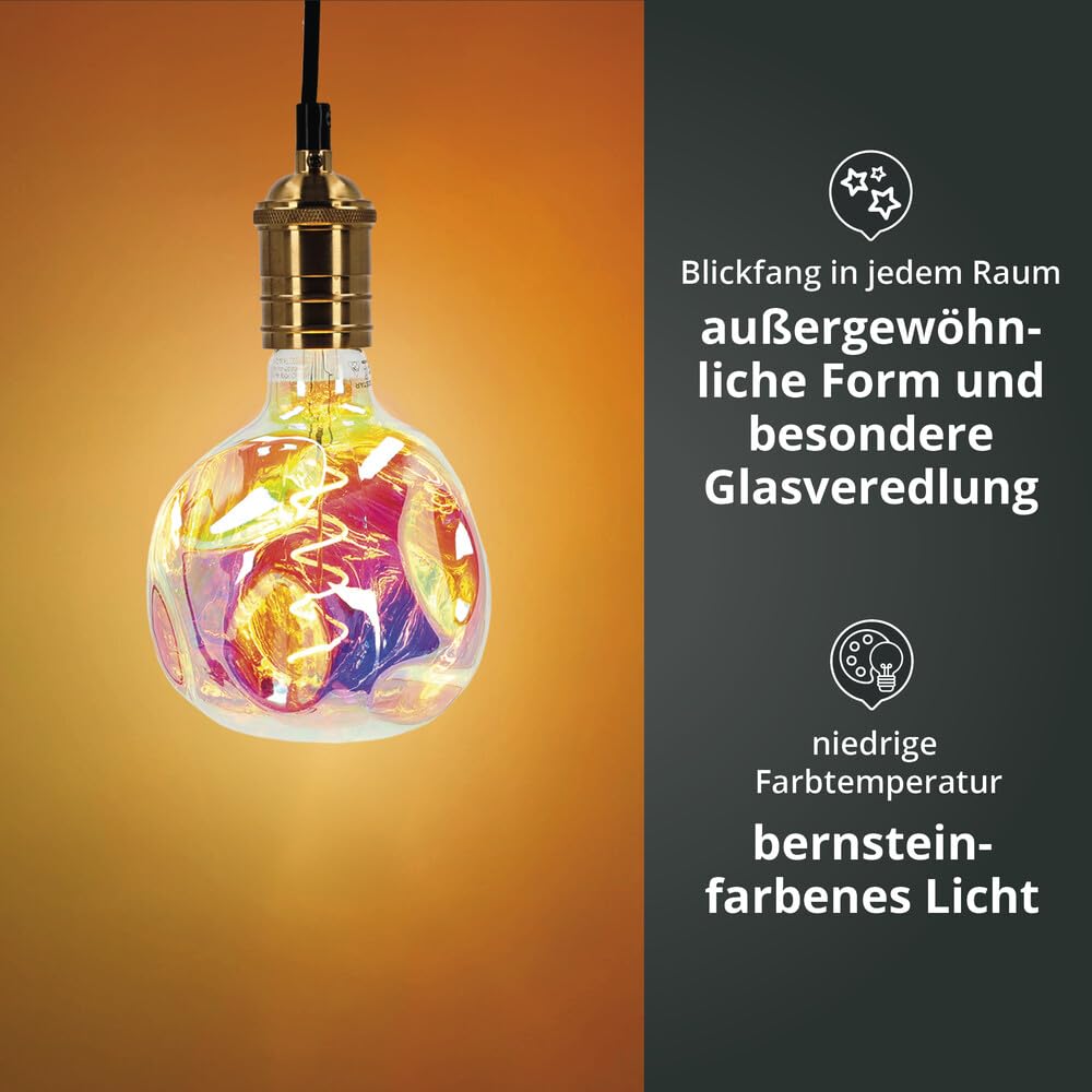 LED Deko-Leuchtmittel Spiral-Filament Glühlampe "Alien" kugelförmig multichromatisch verspiegeltes irisierendes Glas Sockel E27 4W G125 1800K/Amber 250lm Ø125xH173mm