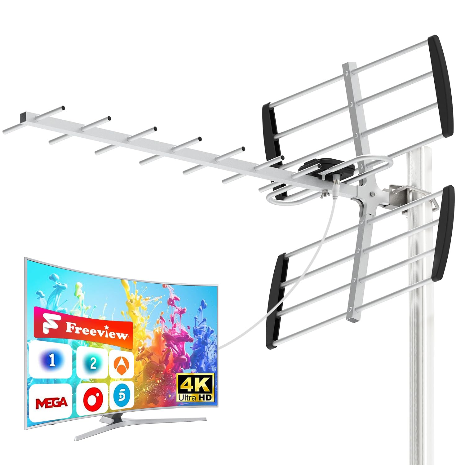 Antena Yagi Exterior 2026, 4K/1080P DTT Largo Alcance, UHF/VHF Estable, Resistente a Intemperie + Cable Coaxial 8m (B-ES-09E-black-26-01)