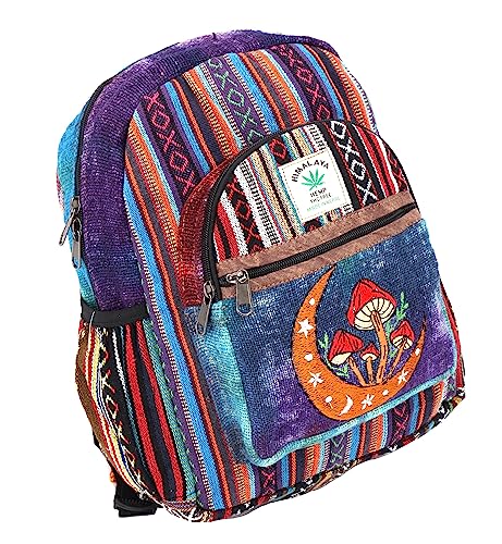 Unique Moon & Mushroom Embroidered Himalaya Hemp Hippie Backpack Festival Backpack FAIR TRADE Handmade with Love. (MINI)