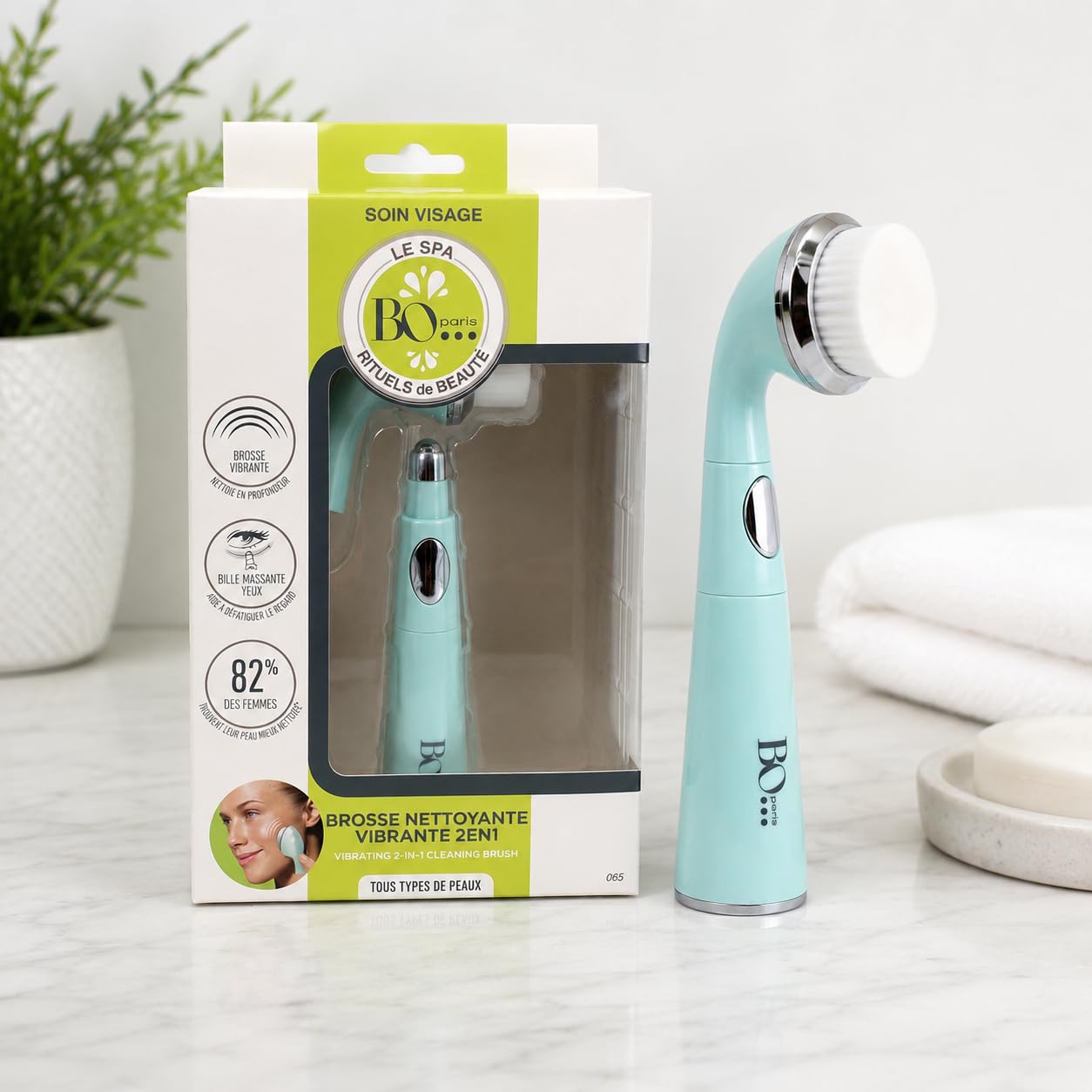 BO PARIS - Vibrationsreinigungsbürste 2 in 1 - Gesichtsbürste mit Massageball für die Augen - 1 Stück