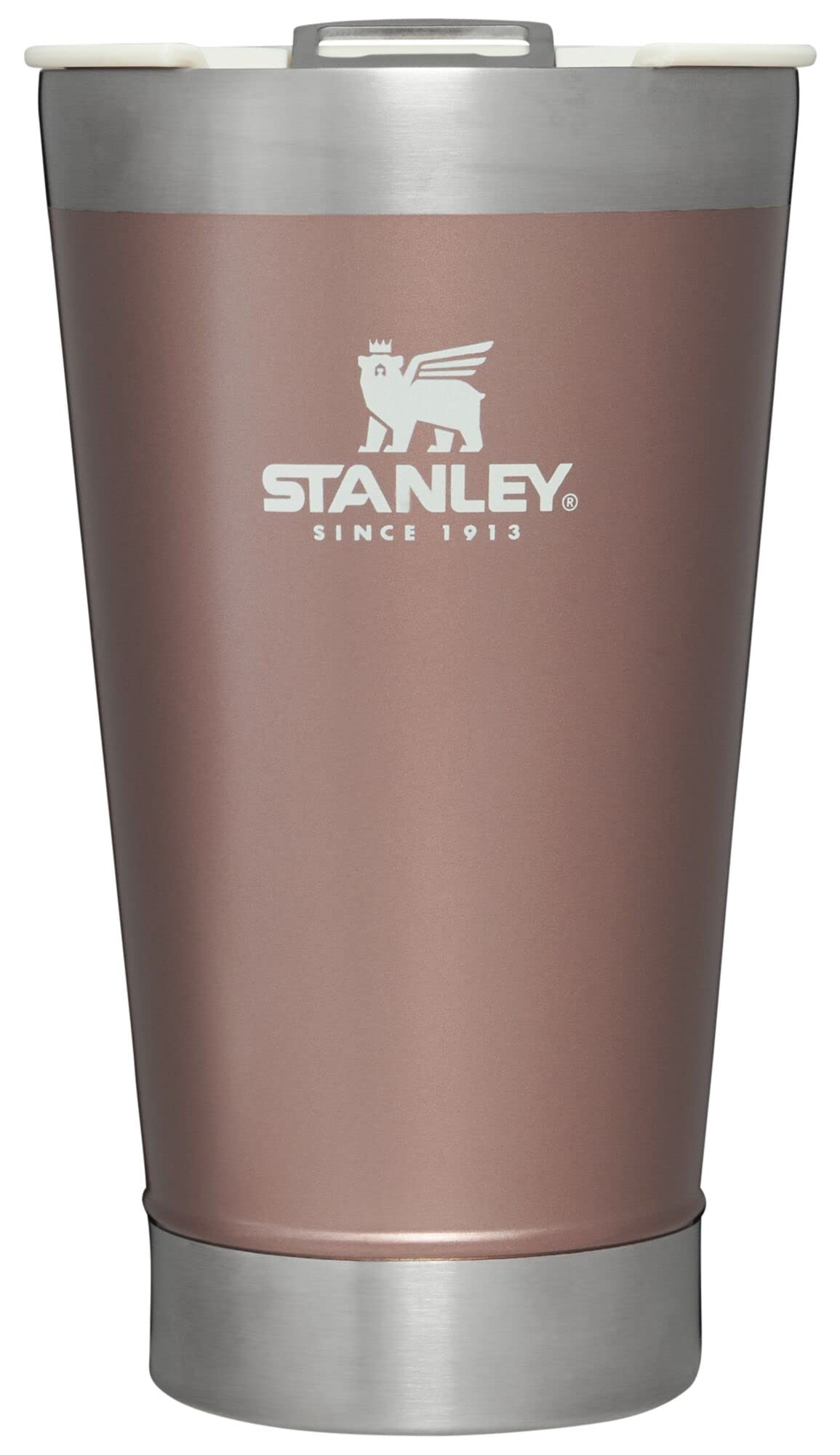 stanley stay-chill beer pint 16 oz  wide mouth lid  built-in bottle opener  beer tumbler cup  insulated stainless steel pint glass  bpa-free  rose quartz glow