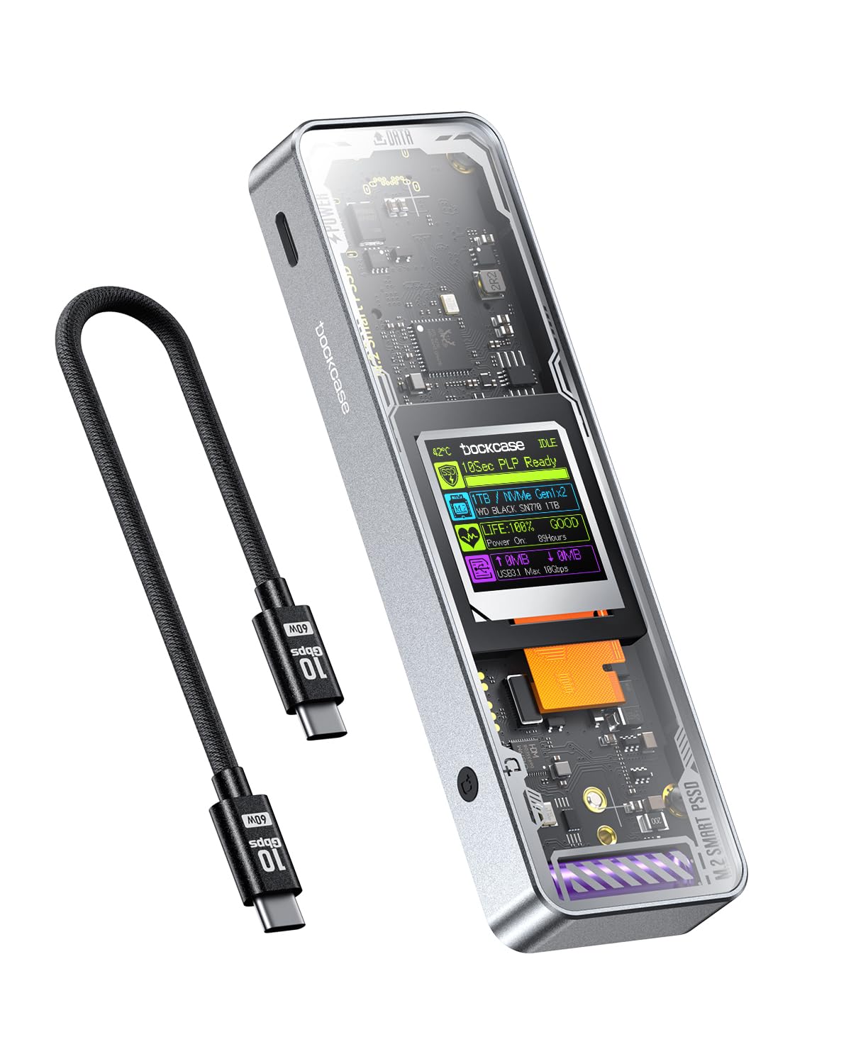 DOCKCASE Explorer Edition Smart SSD Enclosure -10s Power Loss Protection, NVMe M.2 Enclosure Real-time SSD Health Detection, Dual Type-C Ports USB-C 3.2 (10Gbps) Supports NVMe SSD Up to 4TB Silver