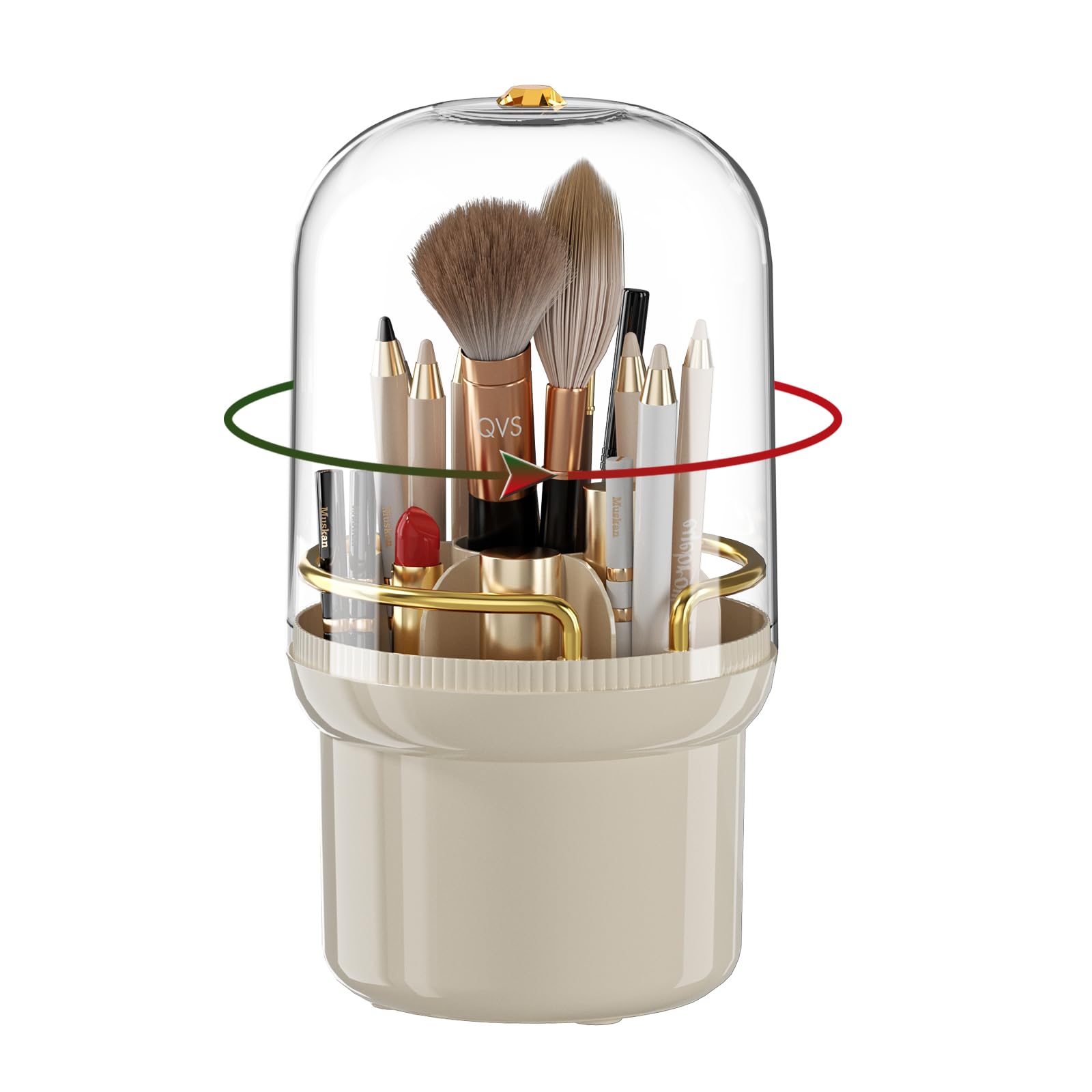 shuang qingMakeup Brush Holder Organizer with Lid, 360 Rotating Make Up Brushes Storage, Suitable for Vanity Cosmetic Pen or Eyeliner Organizer(Pearl White)