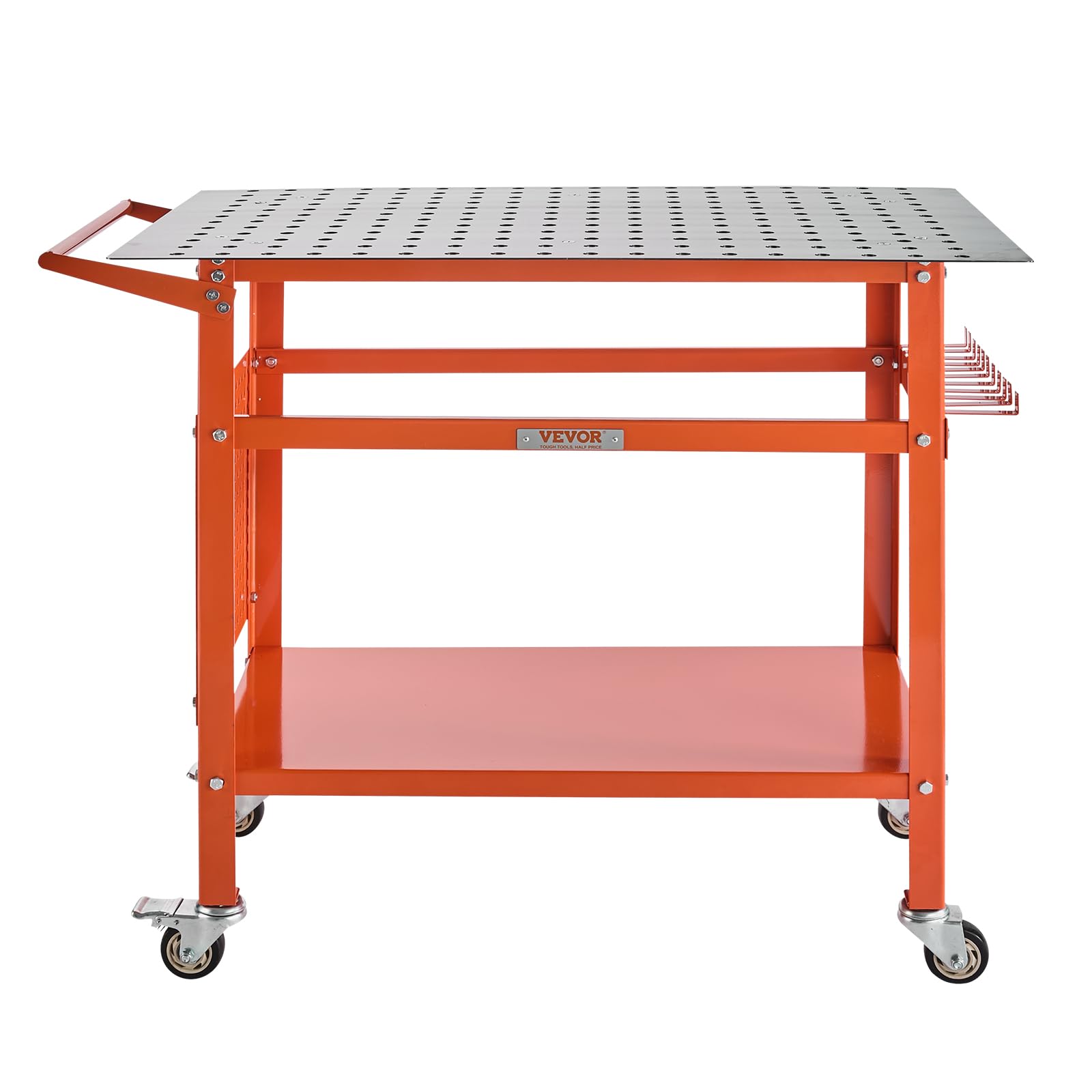 VEVOR Mesa de Soldadura con Capacidad Peso Estático de 362,8 kg, Banco de Trabajo de Acero Móvil con 4 Ruedas(2 con Freno), Tablero de Almacenamiento de Doble Capa y Orificios, 1016 x 609,6 x 914,4 mm