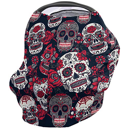 Sugar Skull Ultra-Soft Baby Car Seat Cover for Spring Autumn Winter, Windproof Shopping Cart Covers, Breastfeeding Scarf High Chair Covers - Skull and Roses Vintage Skeleton Gothic Face Artistic