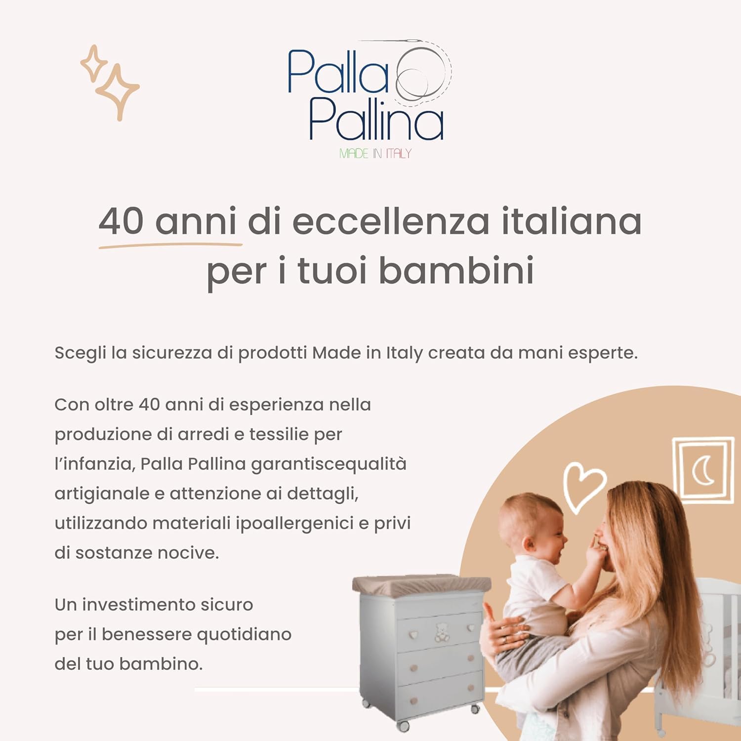 PALLA PALLINA Materassino Fasciatoio Per Cassettiera Con Sponde AntiCaduta 80X9X48 Cm Materasso Fasciatoio Neonato 100% PVC Impermeabile Lavabile PRODOTTO IN ITALIA (STELLINA TORTORA)