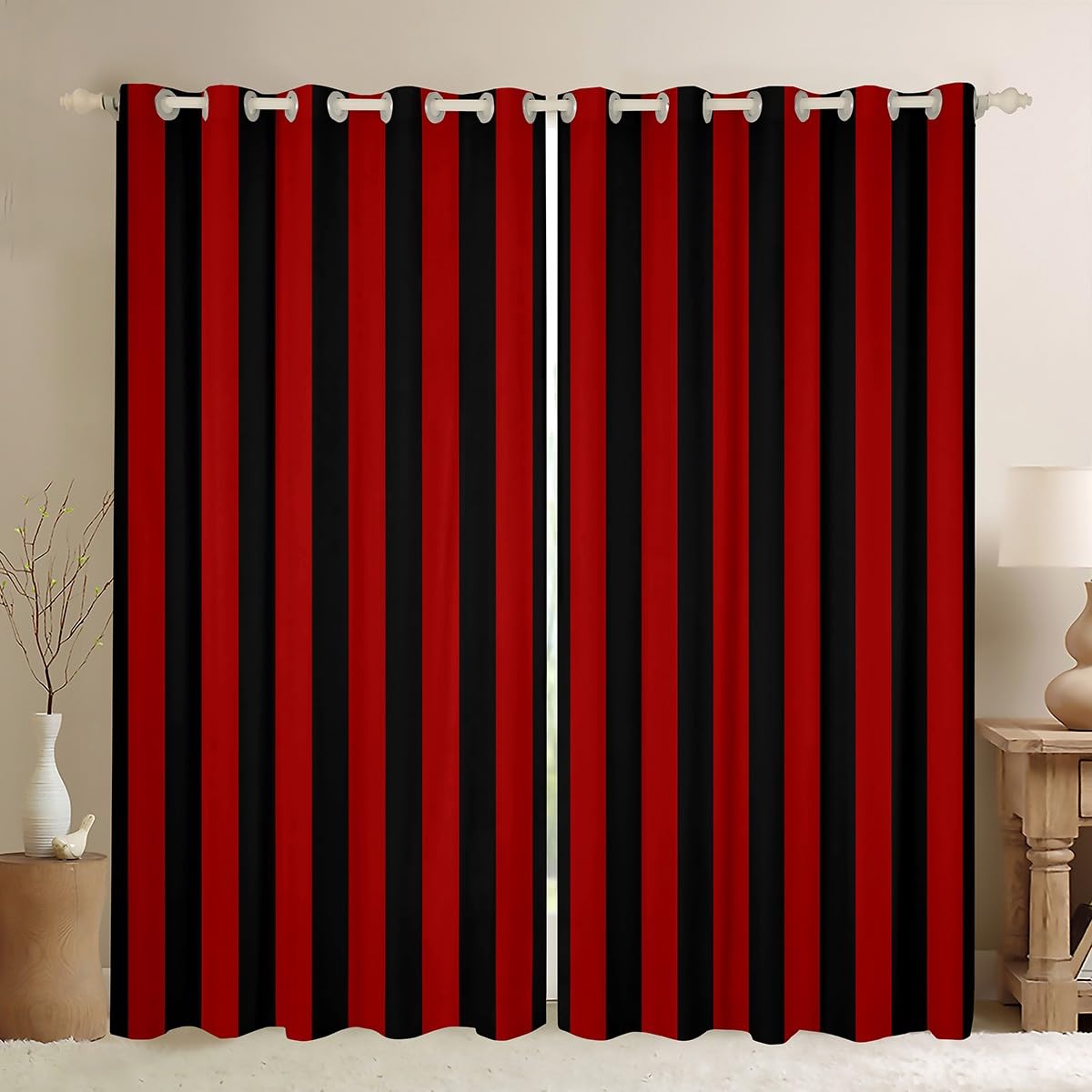 Homemissing Kids Red Black Curtain (2 Panels, W46*L72) Abstract 30%-50% Blackout Shades for Boys Girls Teens Bedroom Decor Stripes Window Drapes Breathable Soft Microfiber Women Men Geometric
