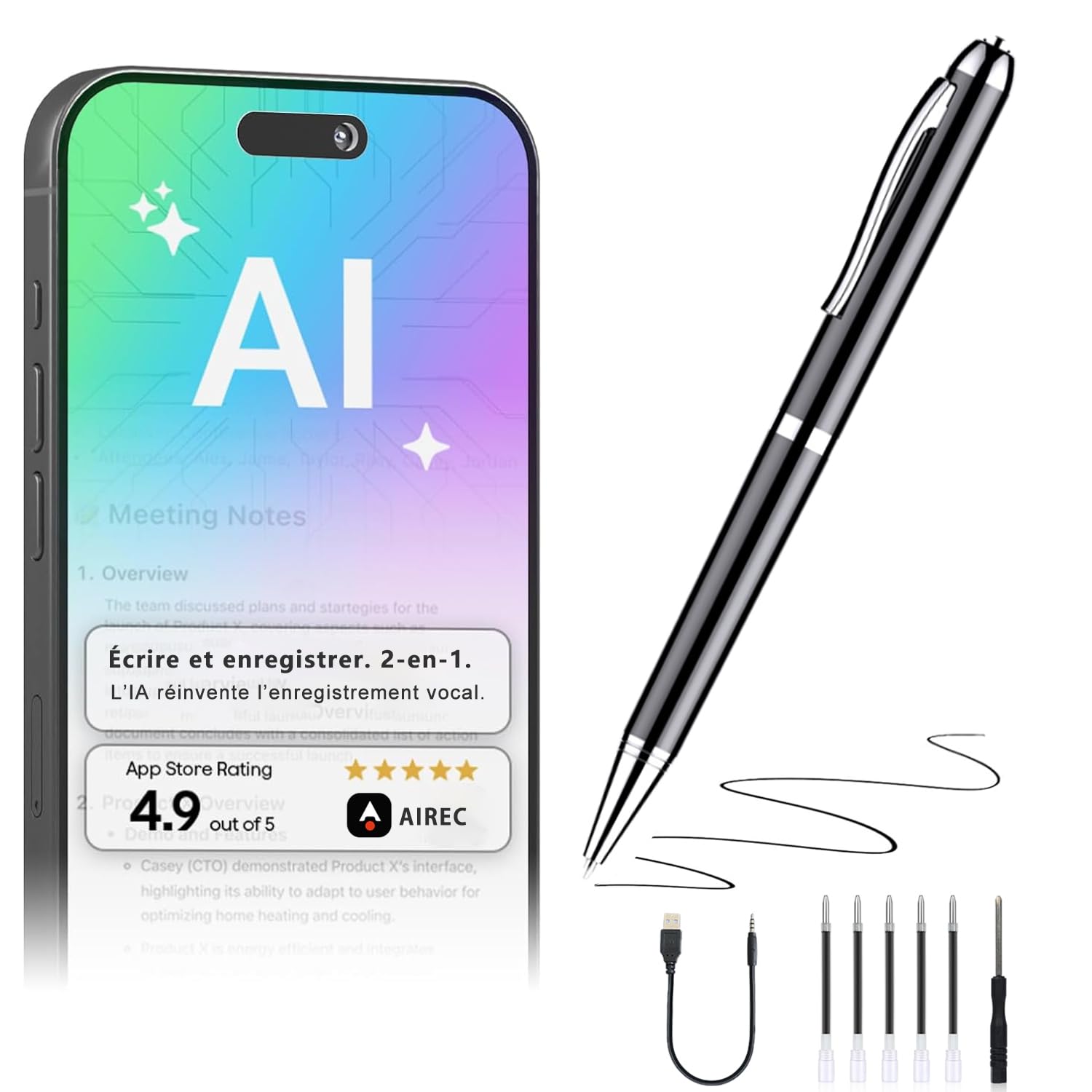 Stylo dictaphone avec Transcription Via Application, Micro 360°, Enregistrement 1 clic, Traduction en Temps réel, Batterie 10 h, mémoire 16 Go, pour réunions, Cours et entretiens