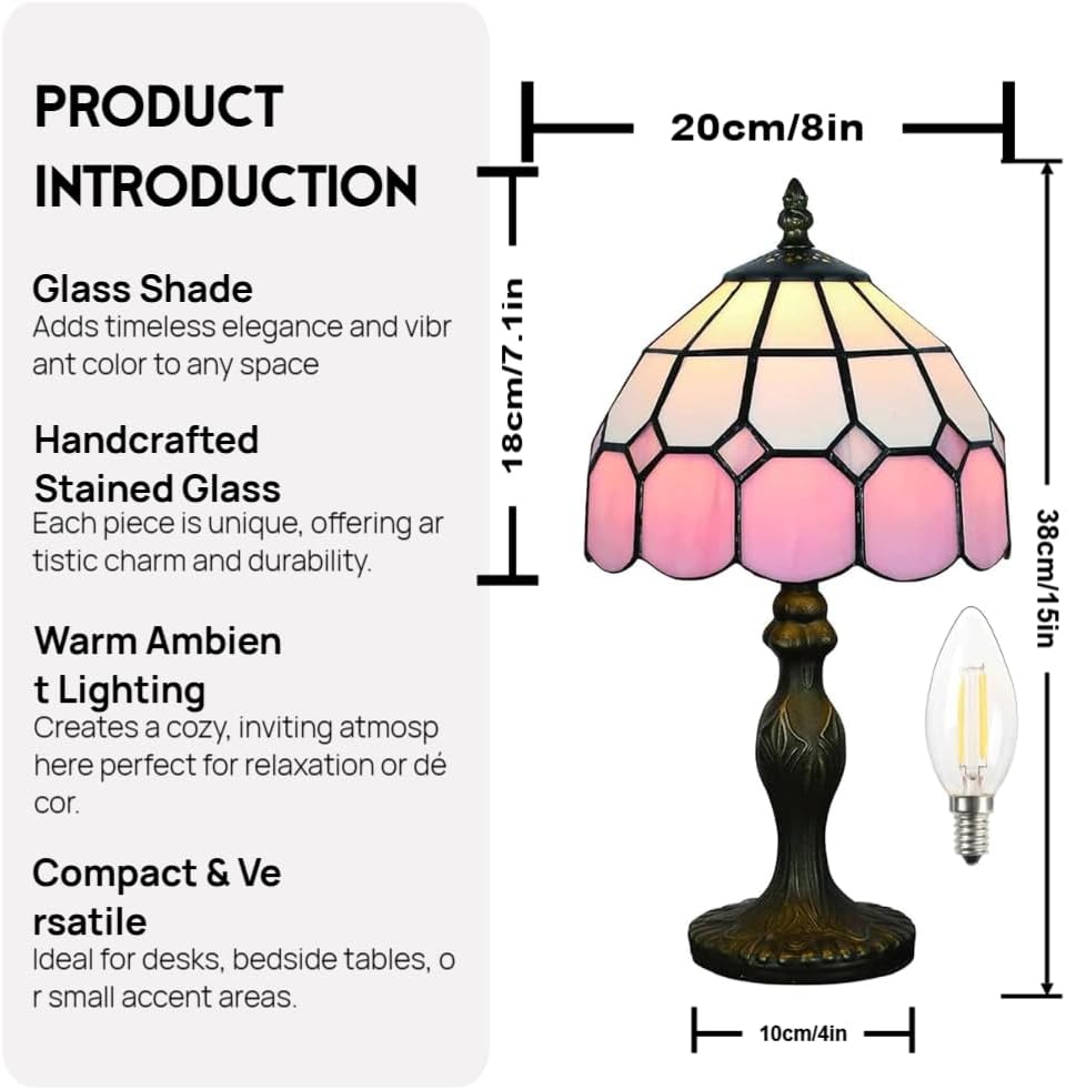 Vintage Tiffany Style Table Lamp, Handmade Stained Glass Shade, Desk & Bedside Lamp for Bedroom, Office, Study - 8 Inch Warm Light Reading Lamp
