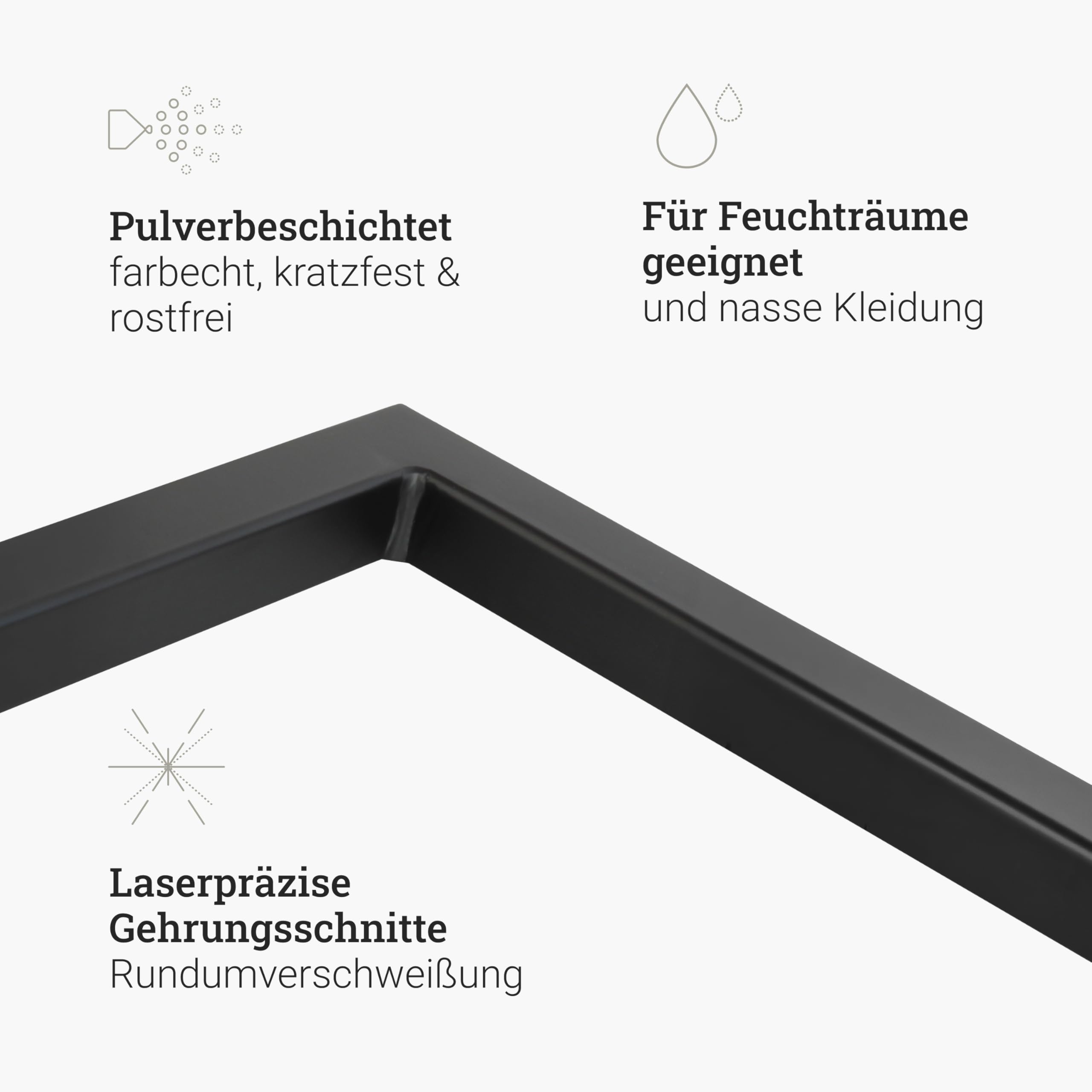 Natural Goods Berlin 1x Kleider-Stange RECHTECK | Einfache Wand-Montage | Kleider-Stangen aus Metall in Schwarz | Wand-Garderobe 60x12 cm