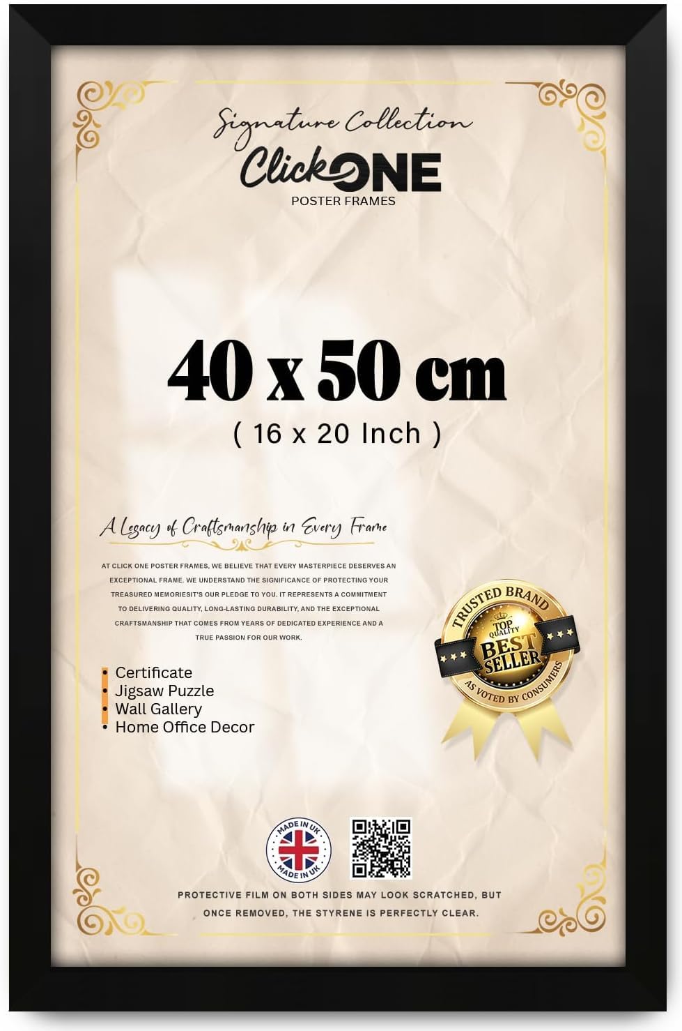 Click One — Rectangle (40 X 50 CM) Poster Picture Frame | Horizontal And Vertical Formats, Wall Gallery Display, Jigsaw Puzzle Certificate Holder, Home Office Décor — 16 X 20 Inch Matt Black