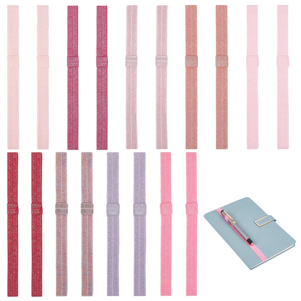 PH PandaHall 18PCS 9 Colors Elastic Planner Bands with Pen Loop Glitter Stretchy Bookmarks Flat Book Strap Elastic Shining Notebook Closure Bands for School Office Travel Journals