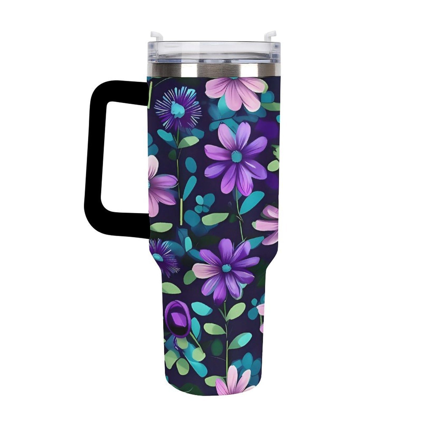 Tazas de camelia morada con popote y asa, taza de café con aislamiento al vacío de doble pared, botellas de agua para café helado, té, bebida caliente y fría