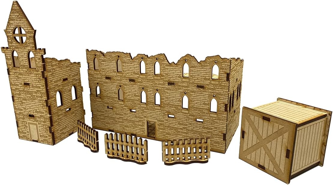 25/28mm Ruined Structure Terrain | Organized Play | MDF Wargaming Scenery | Compatible with WH40K | 28mm Tabletop Urban Ruins (Building, Sniper Tower, Crate, 3 Fences)