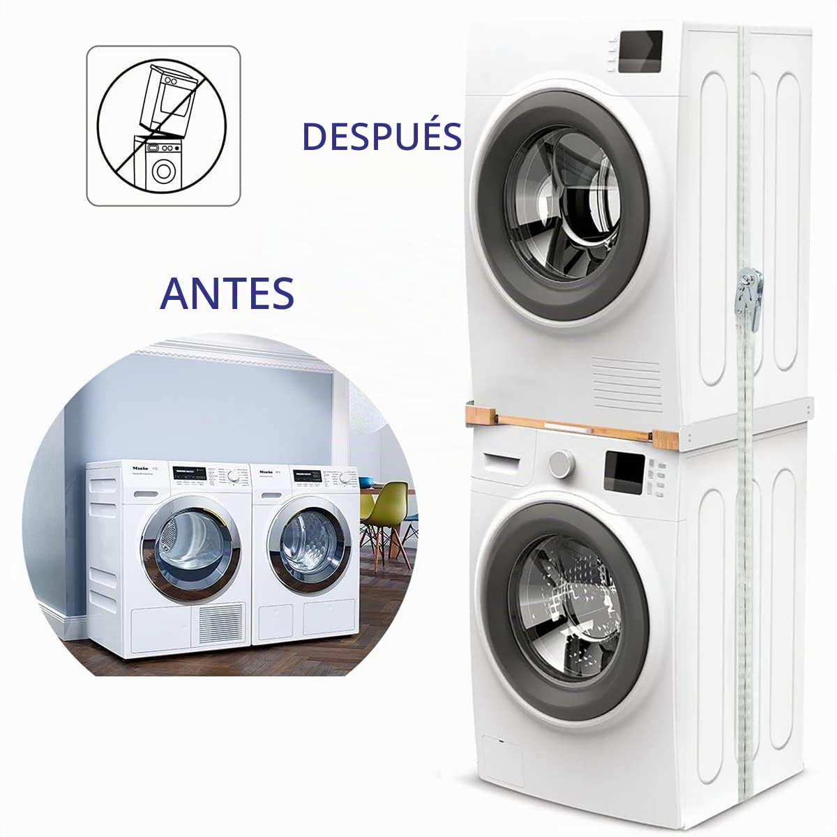 NIUXX Kit de Unión Universal para Lavadoras y Secadoras con Estante Deslizante y Cuerda de Trinquete, para Conectar Lavadora Secadora, Marco Intermedio Universal para Lavadora y Secadora, 47-60 cm