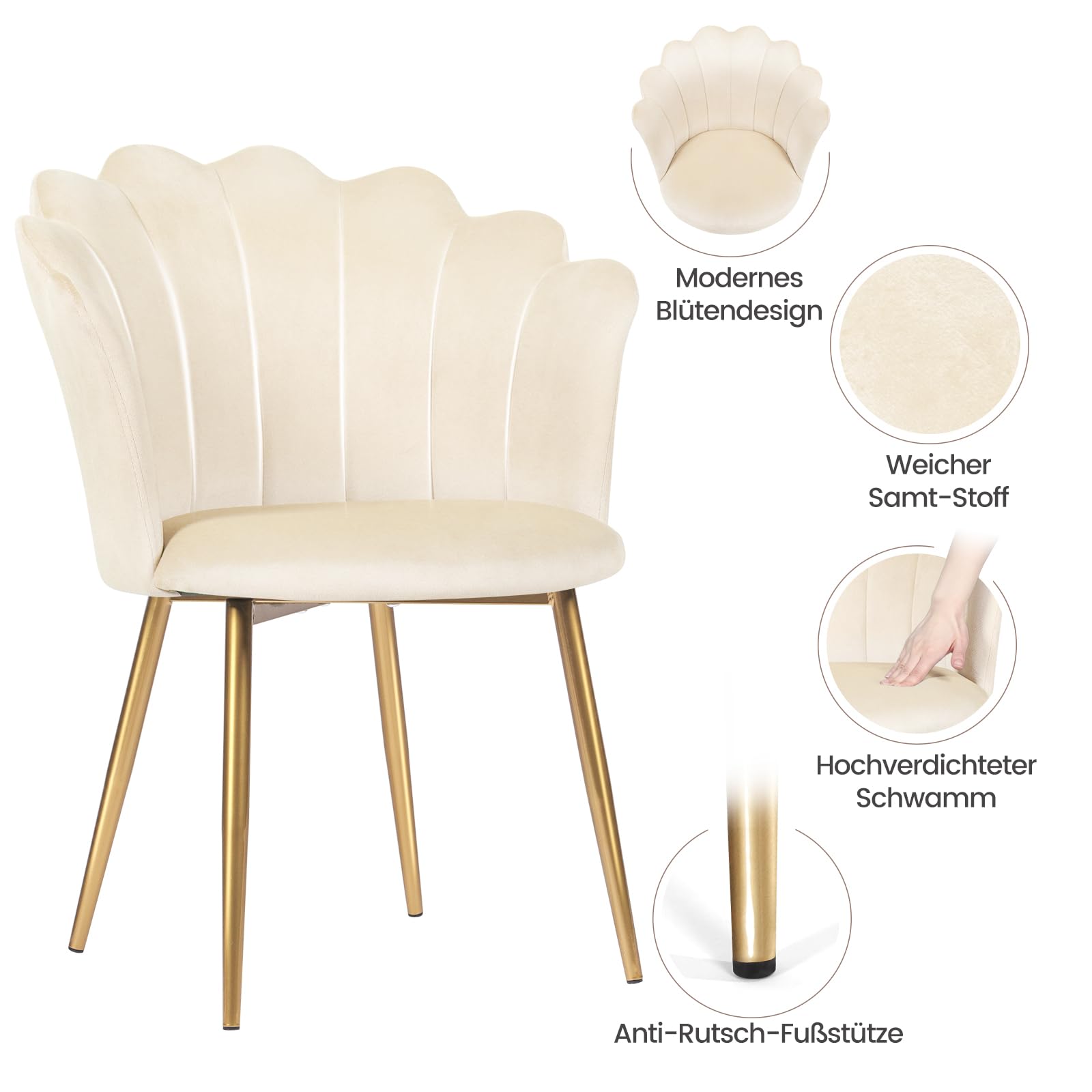 Sedia da toeletta, poltrona in velluto con gambe in metallo dorate, elegante sedia imbottita per il soggiorno, comoda sedia da salotto, sedia con braccioli in design moderno, 62 x 56 x 79 cm