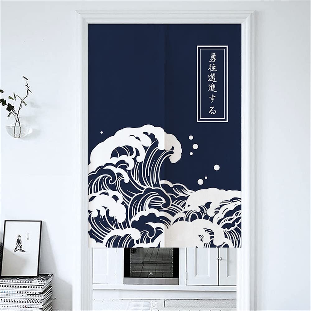 Hiseng Japanese Noren Doorway Curtain, Japanese Style Cotton Linen Long Type Printed Half-door Curtain for Home Decoration, Cafe Bedroom Kitchen Restaurants Partition Curtain (Ukiyo-e Waves,80x120cm)