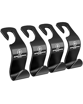 APPUCOCO Car Seat Headrest Storage Hooks/Hanger Universal Durable Organiser Space Saver for Handbag (Black, Pack of 4) - image, photos