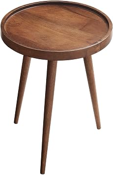 Modway Chiro Solid Wood Side Table in Walnut with Tray Top - Mid-Century Modern Round Accent Table - Small Bedside Table with Tapered Legs - Living Room End Table