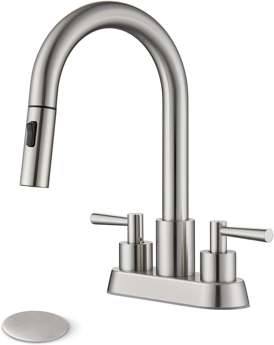 Bathroom Sink Faucet with Pull Out Sprayer Brushed Nickel | 4 Inch Centerset Lead-Free, Stainless Steel Vanity Faucet 2 Handle, with Pop Up Drain, 3 Hole Faucet for RV Laundry Restroom