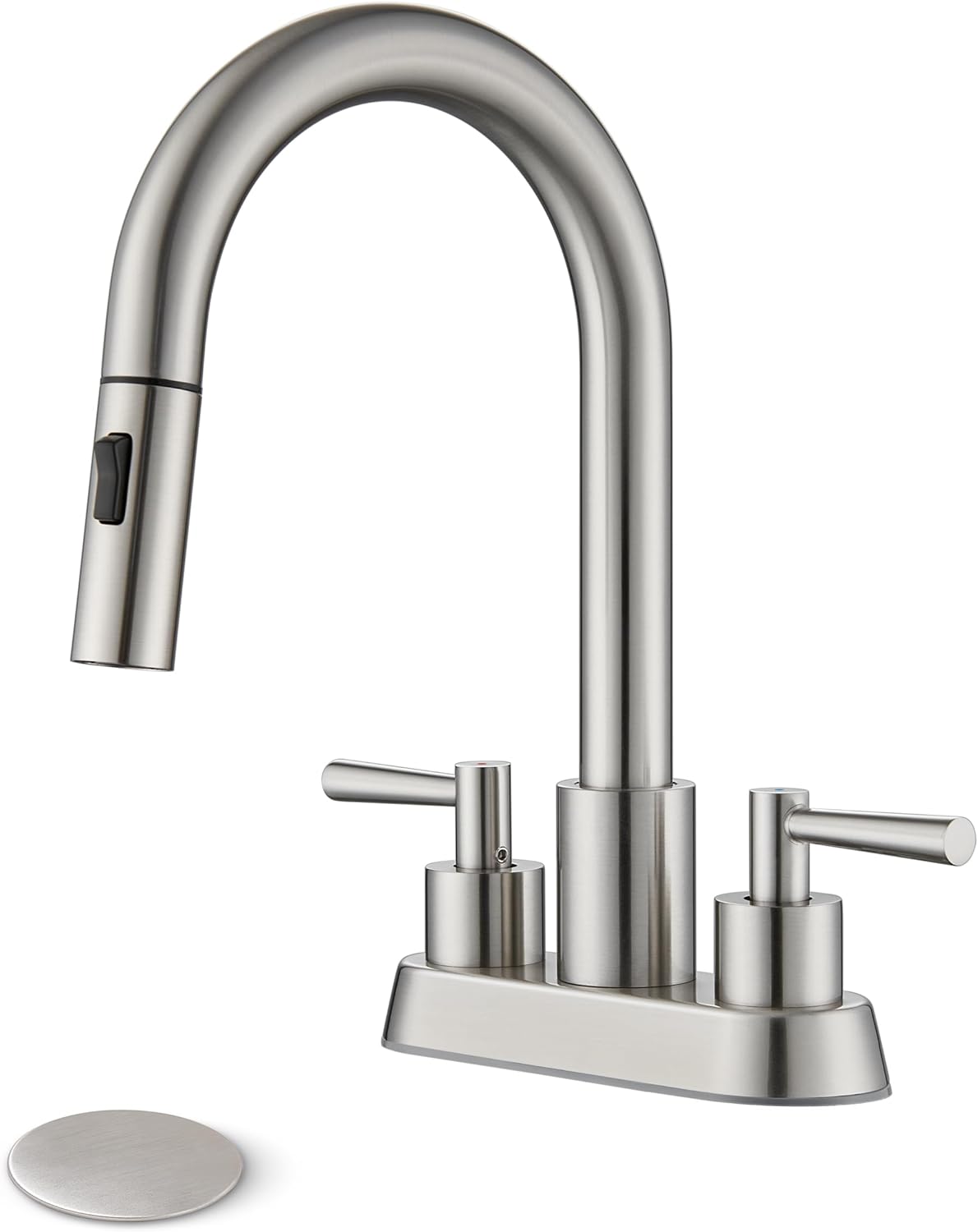 Bathroom Sink Faucet with Pull Out Sprayer 2 Handles, Brushed Nickel Pull Down Bathroom Faucet 3 Holes, 4 Inch Sink Faucet Bathroom, 360 Degree Swivel Spout, Pop Up Drain Assembly Included Brushed Nickel 4 Inch
