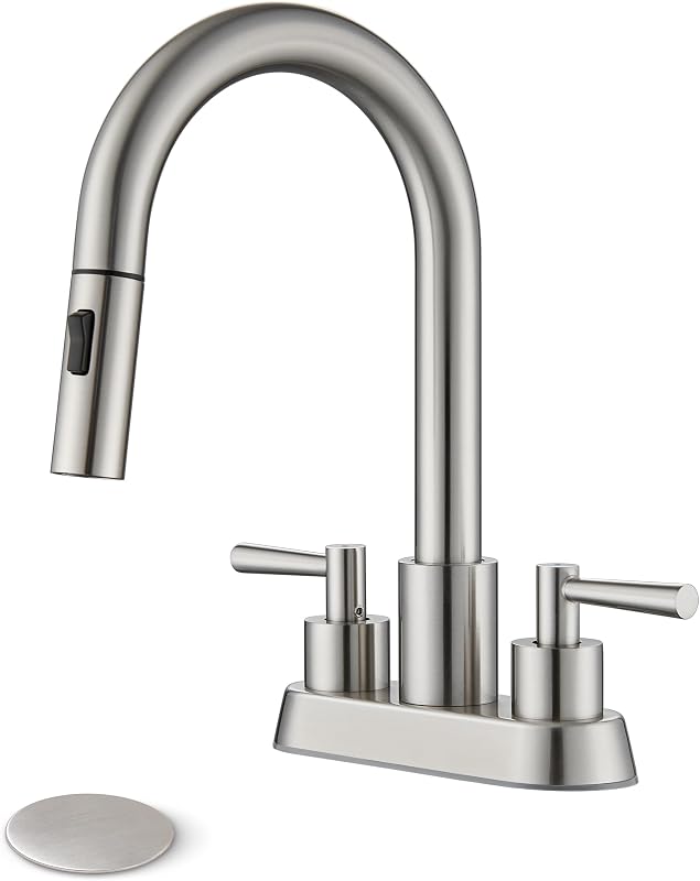 Bathroom Sink Faucet with Pull Out Sprayer Brushed Nickel | 4 Inch Centerset Lead-Free, Stainless Steel Vanity Faucet 2 Handle, with Pop Up Drain, 3 Hole Faucet for RV Laundry Restroom