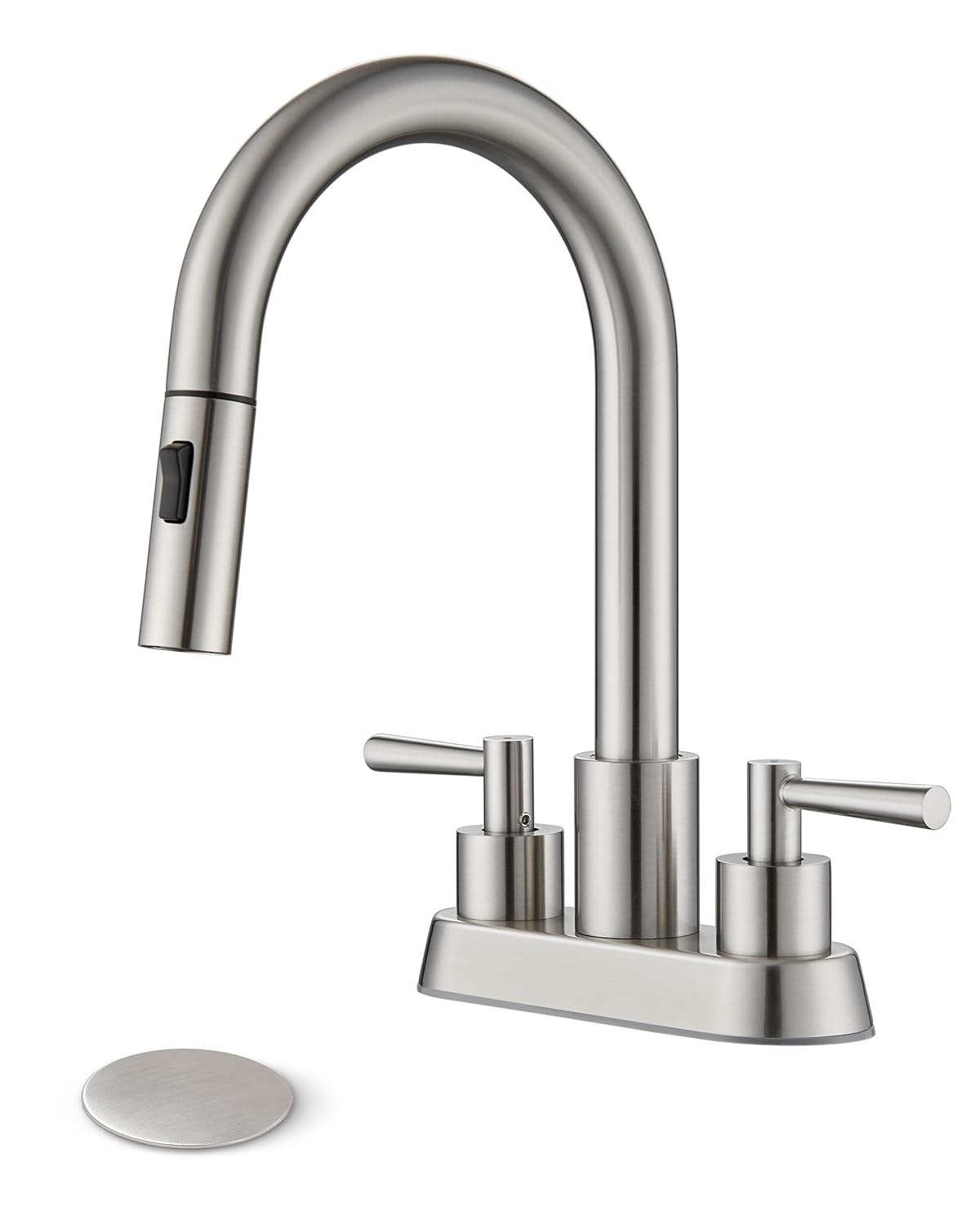 Bathroom Sink Faucet with Pull Out Sprayer 2 Handles Brushed Nickel Pull Down Bathroom Faucet 3 Holes 4