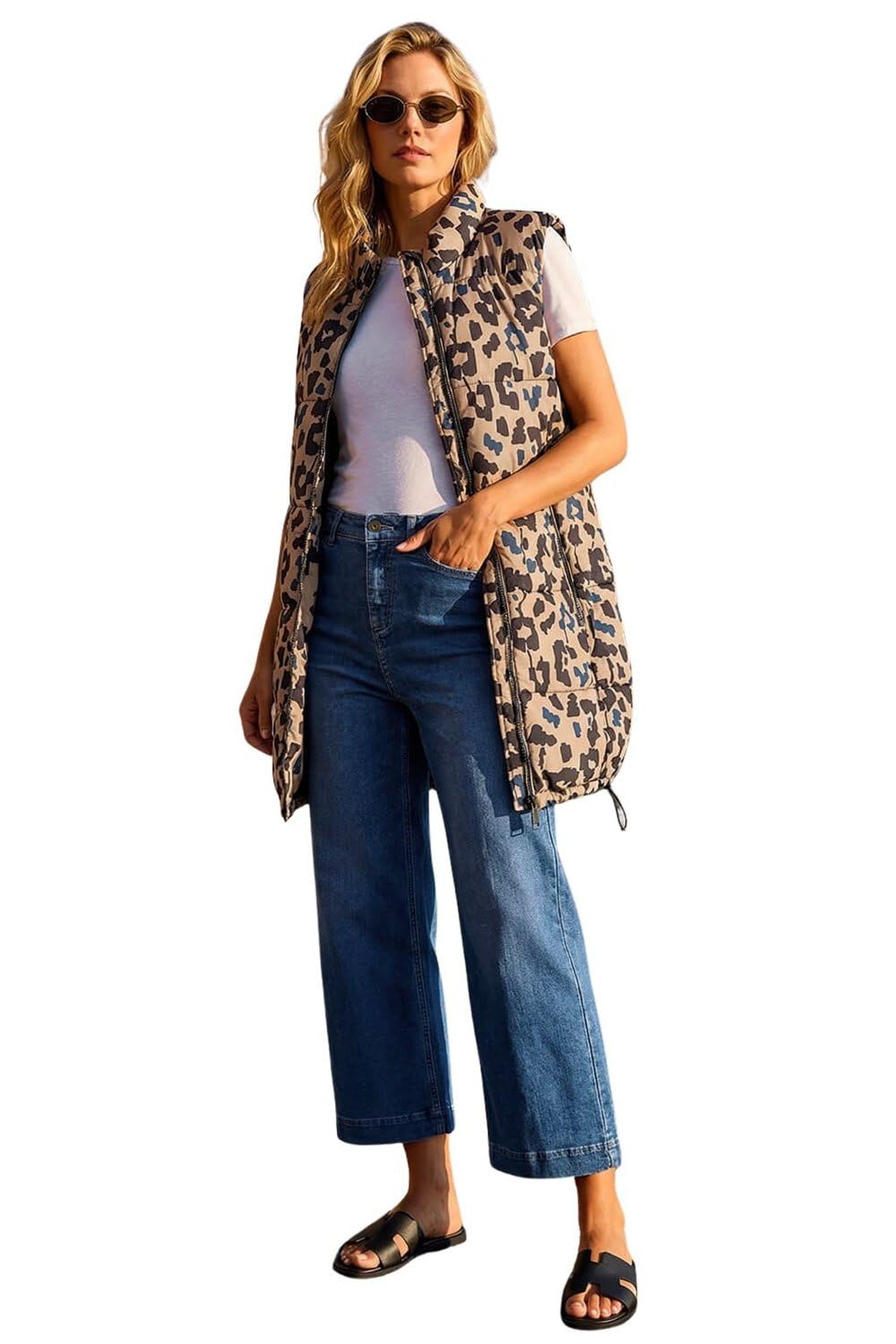 Roman Originals Quilted Zip Detail Longline Gilet for Women UK - Ladies Everyday Holiday Spring Summer Funnel Neckline Comfy Soft Evening Vacation Work Party - Natural - Size 12