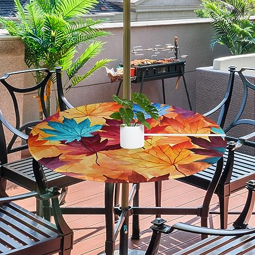 cfpolar Colorful Fall Maple Leaves Outdoor Round Fitted Tablecloth with Elastic Edge, Waterproof Table Cover with Umbrella Hole Table Cloth, for Party Family Dining Fits 36-44 in Diameter Table