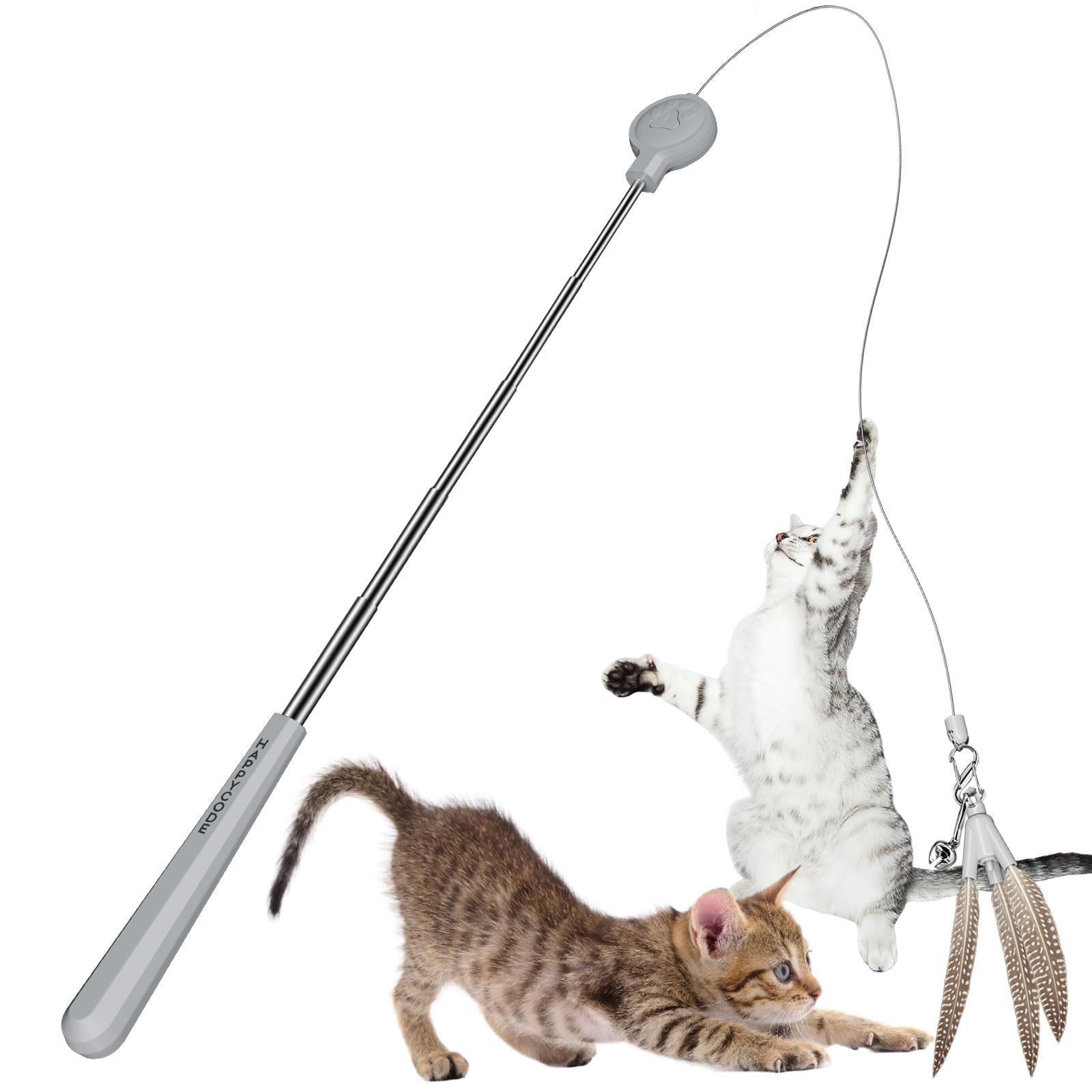 Interactive Cat Wand Toy, Self-Spinning Feather Teaser, Telescopic Rod