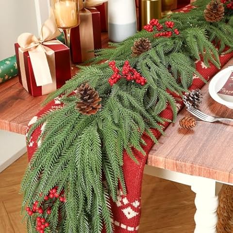 Alupssuc 9FT Christmas Garland Prelit Faux Decorations, Realistic Green Norfolk Pine Garland with Lights Battery Operated for Mantle Stairs Railing Fireplace Table Indoor Xmas Decor, 9FT Cover