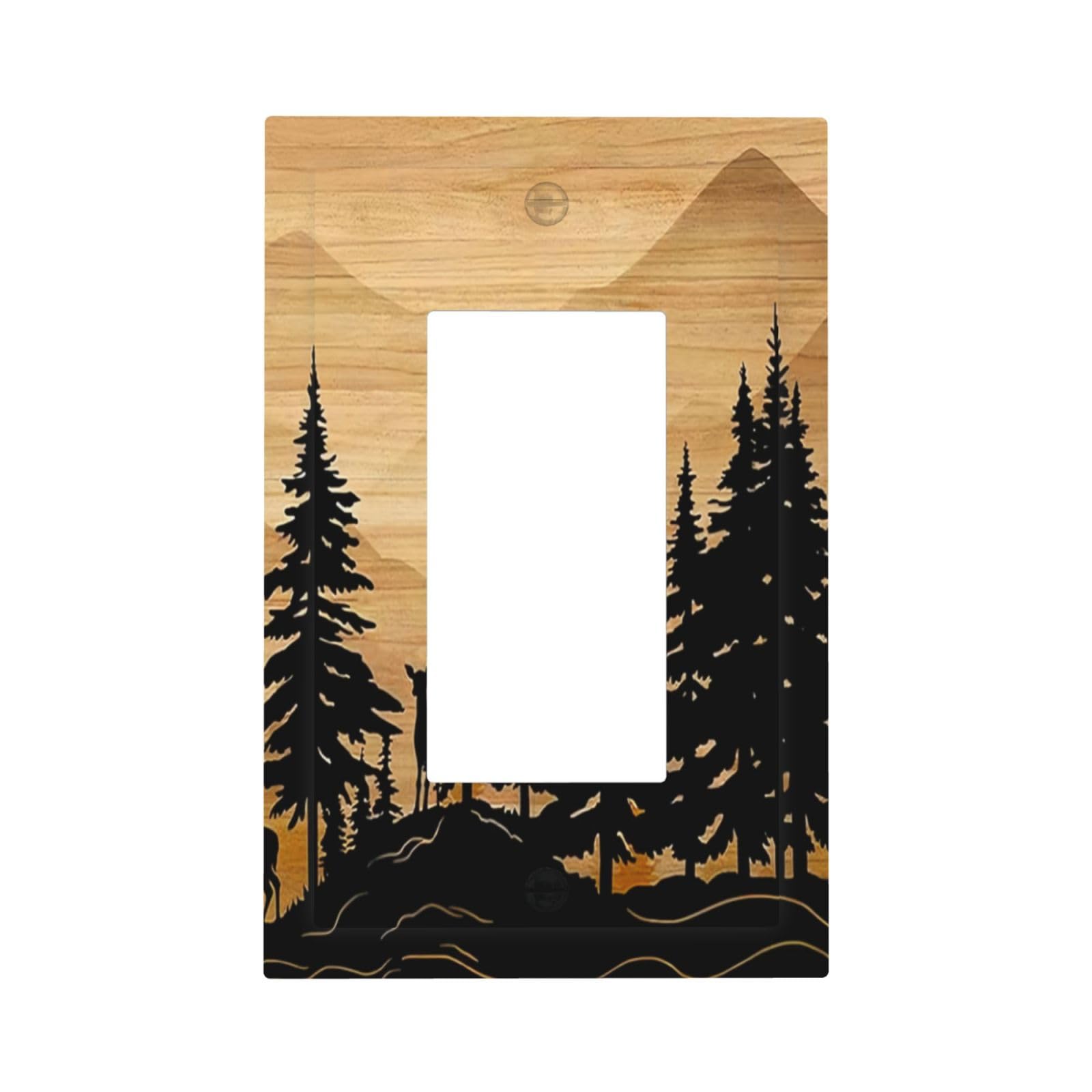 Algranben Rustic Forest Pine Tree Wood 1 Gang Single Rocker Light Switch Cover Wall Plate Decorative Deer Country Farmhouse Brown Switchplate Outlet Electrical Receptacle for Kitchen Office