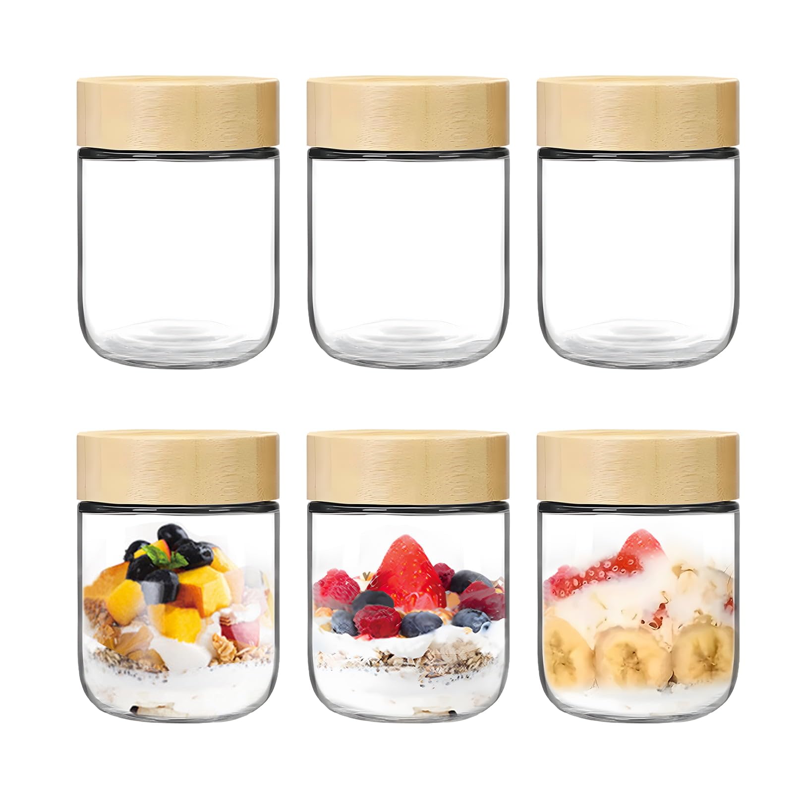 Dyuee Transparent Overnight Oats Jar Container With Wood Lids 6Pcs Glass Mason Jars 500Ml Wide Mouth Glass Overnight Oats Containers Airtight Glasses Food Storage Containers For Salad Snacks Yogurt Spice Sugar Pickling