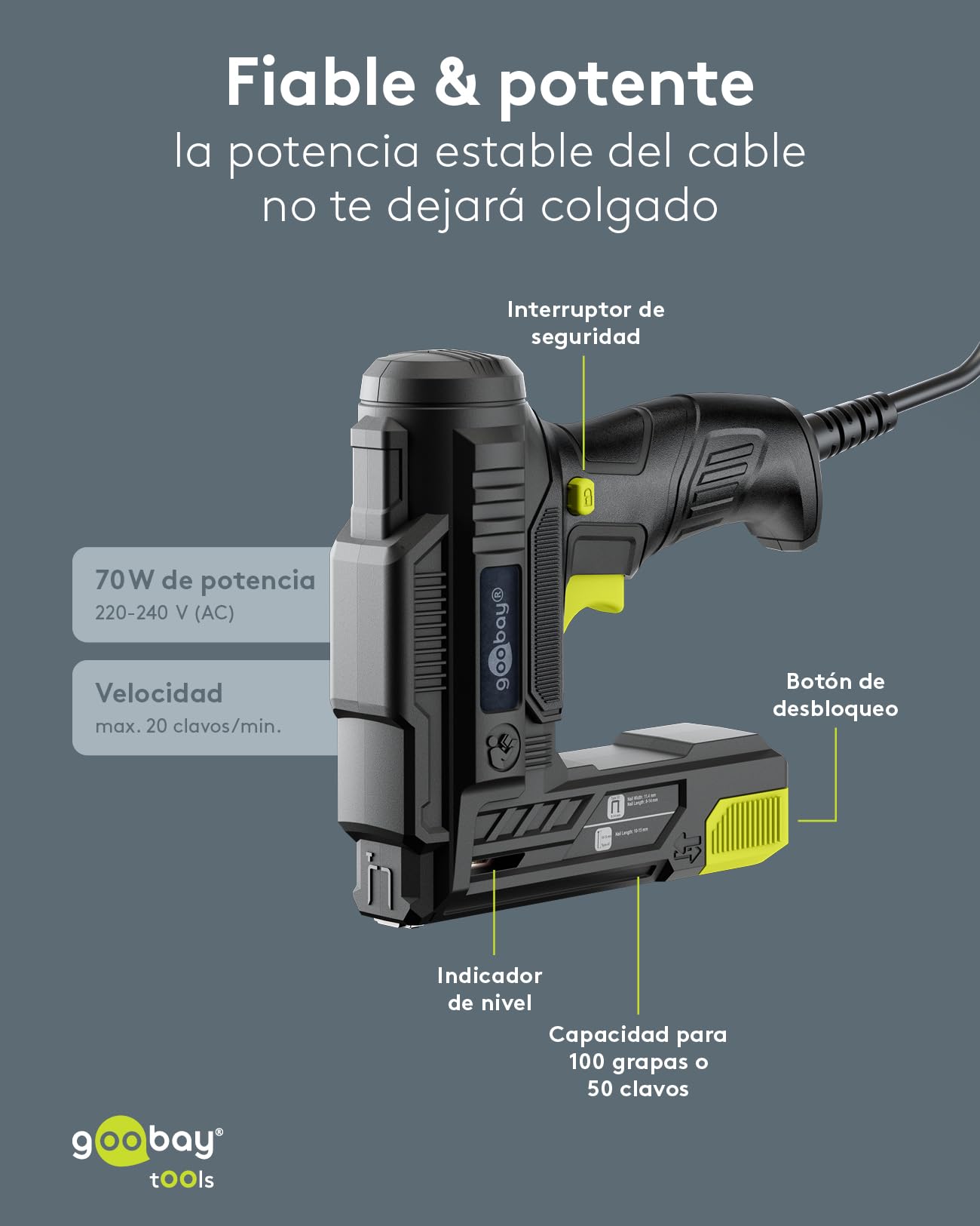 goobay 2 en 1 grapadora y clavadora eléctrica con cable, 70 W, incluye 400 grapas (10 mm) y 100 clavos (14 mm), cable de 2 m, ideal para tapicería, bricolaje y reparaciones domésticas, 77820