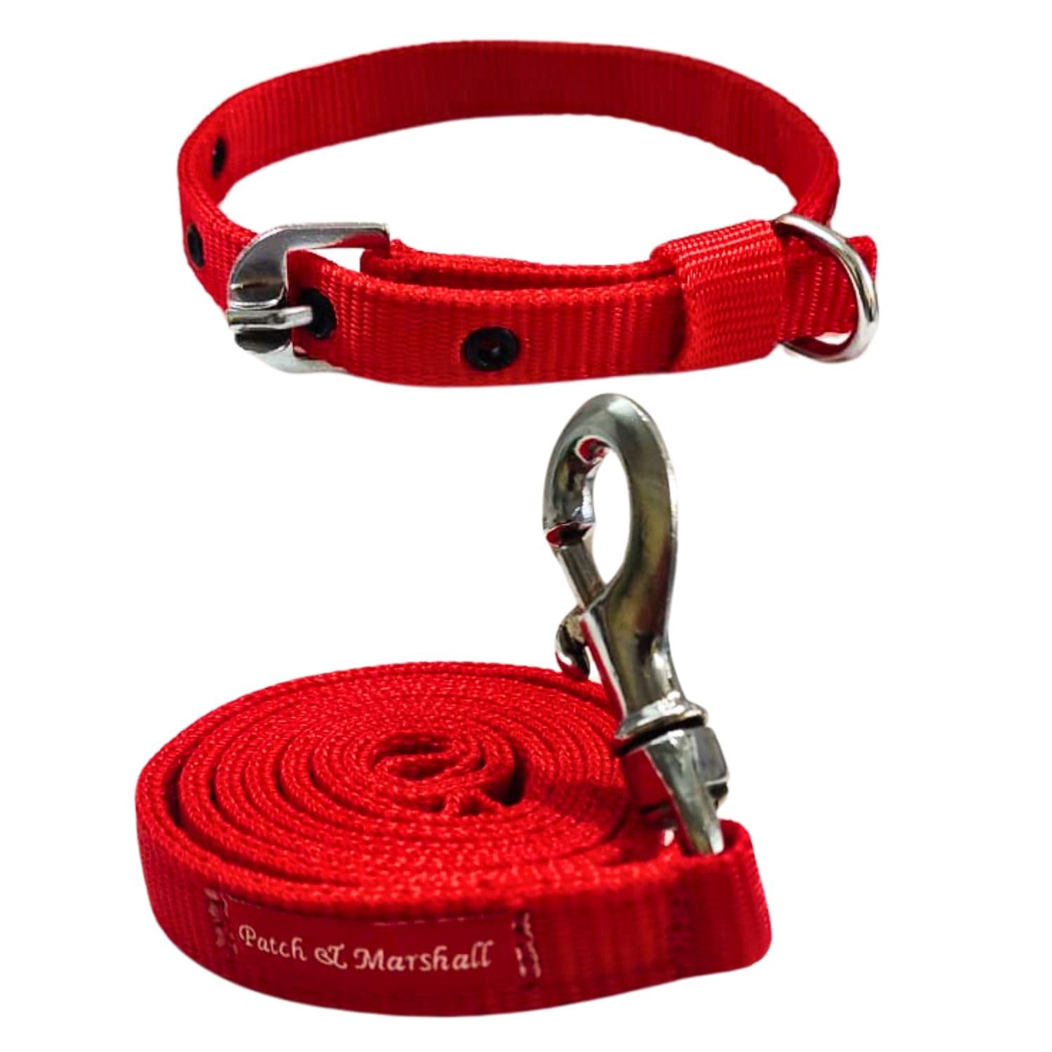 Patch & Marshall Dog Neck Collar Belts and Leash Set, Nylon Poly, (Leash Size 1.5M-2M) (3/4", Red) Not for Dogs Over 2'ft in Height or Large Dogs